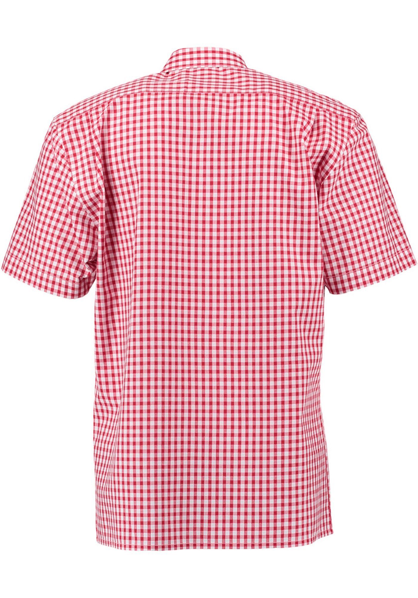 mit Zihul aufgesetzter Trachtenhemd Kurzarmhemd mittelrot Brusttasche mit Hirsch-Stickerei OS-Trachten