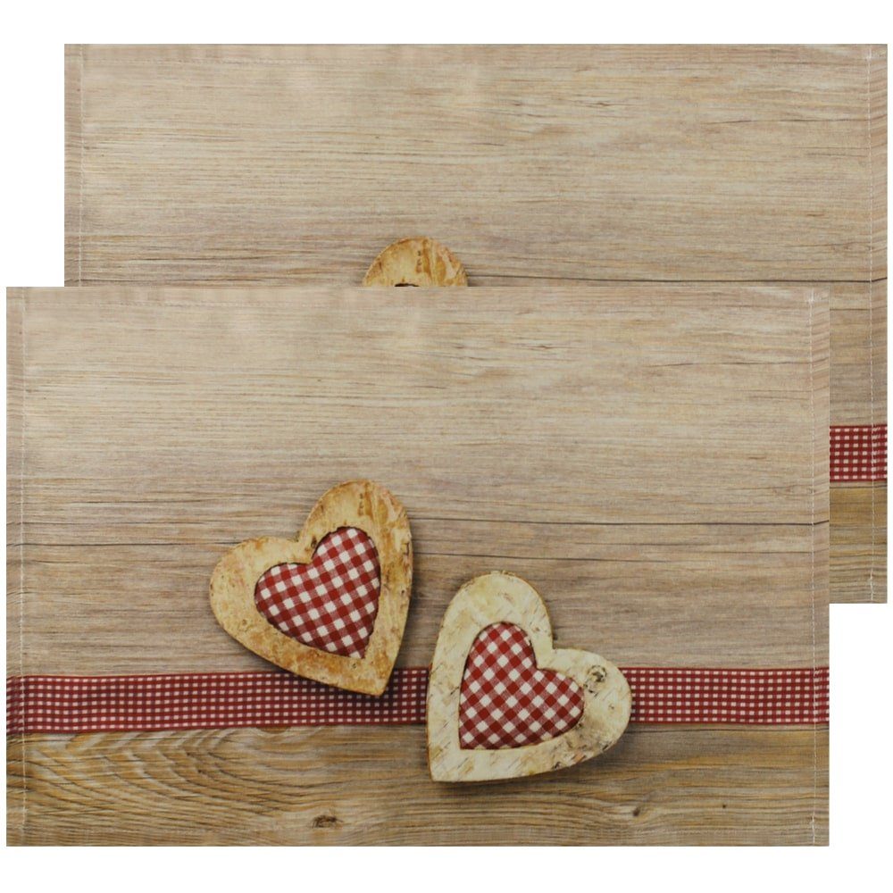 Platzset, Tischsets Textil CLOTH Herzen Karo Holz 2er Set 45x30 cm, matches21 HOME & HOBBY, (2-St)