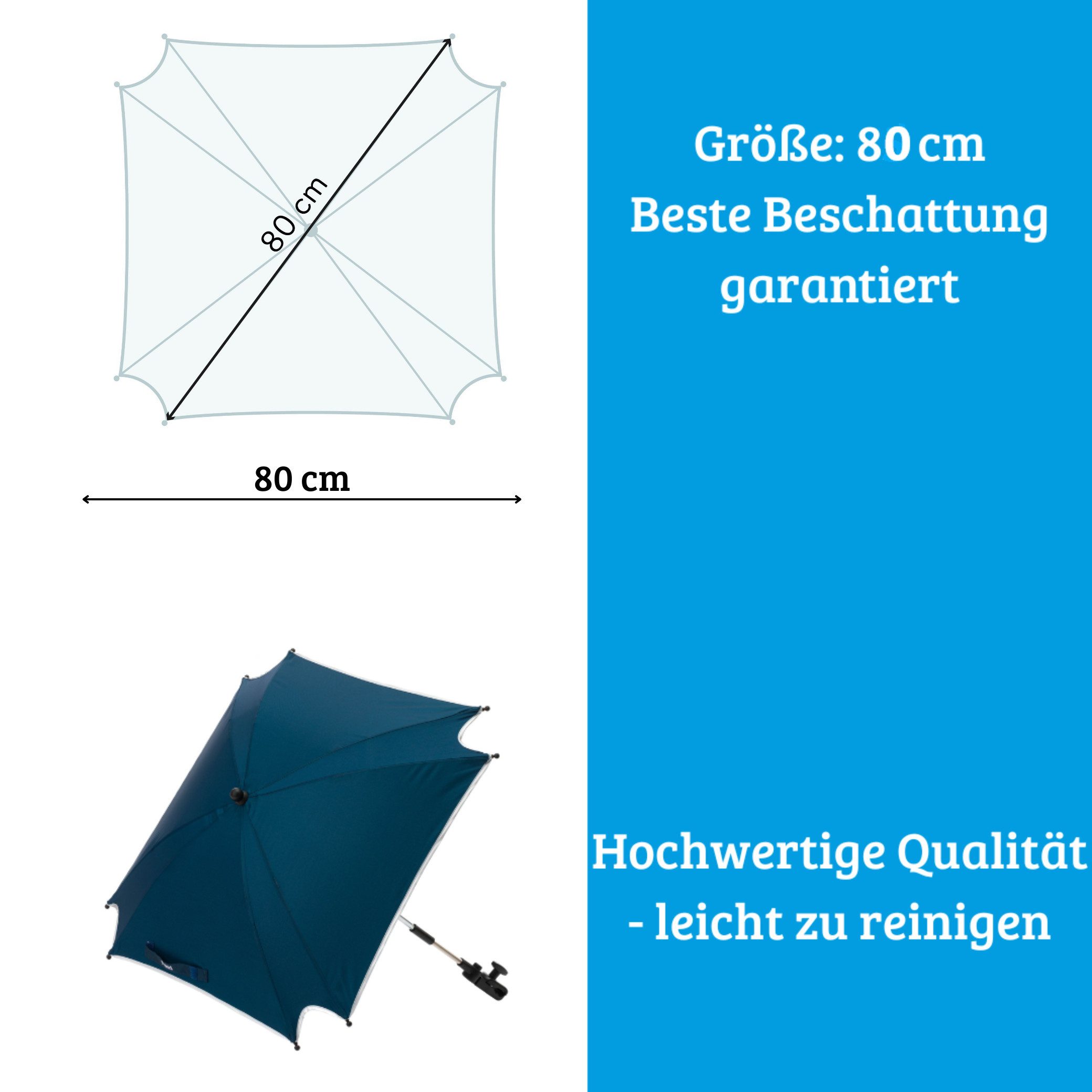 Fillikid Kinderwagen-Sonnenschutzhülle Sonnenschirm XL Exklusiv Sonnenschutz für Kinderwagen & Buggy, UV Schutz 50+, abnehmbare Universalhalterung, Wasserdicht, passend