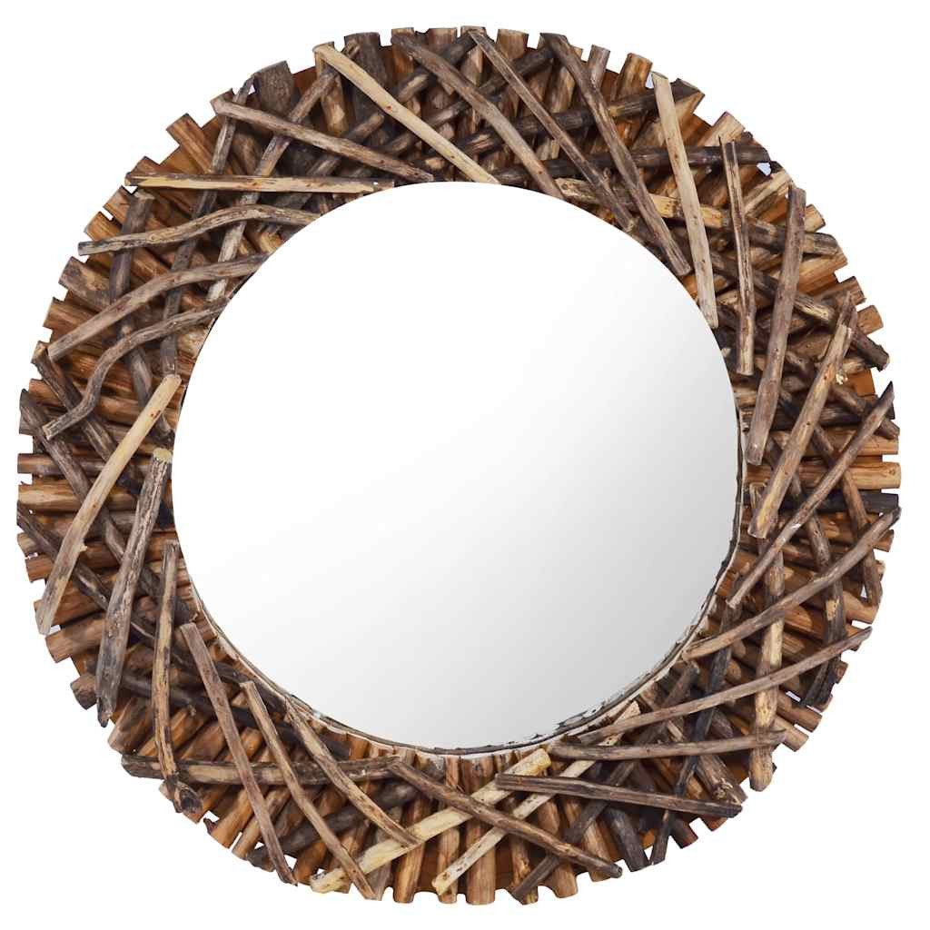 furnicato Wandspiegel Runder Spiegel 60 cm Naturholz mit Retro-Rahmen und Montagehaken (1-St), Wandspiegel mit integriertem Haken für Flur, Bad oder Wohnzimmer