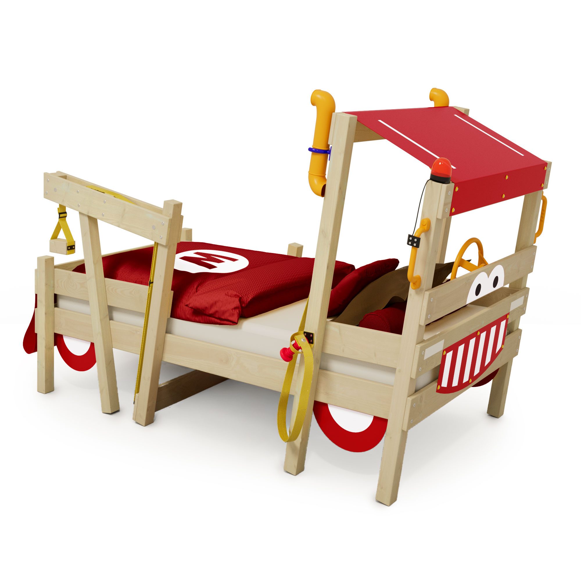 Wickey Kinderbett Crazy Sparky Max Feuerwehrbett aus Massivholz 90 x 200 cm (Set, Spielbett mit Lenkrad und Periskop), Kinder Einzelbett mit Dach 90x200 cm