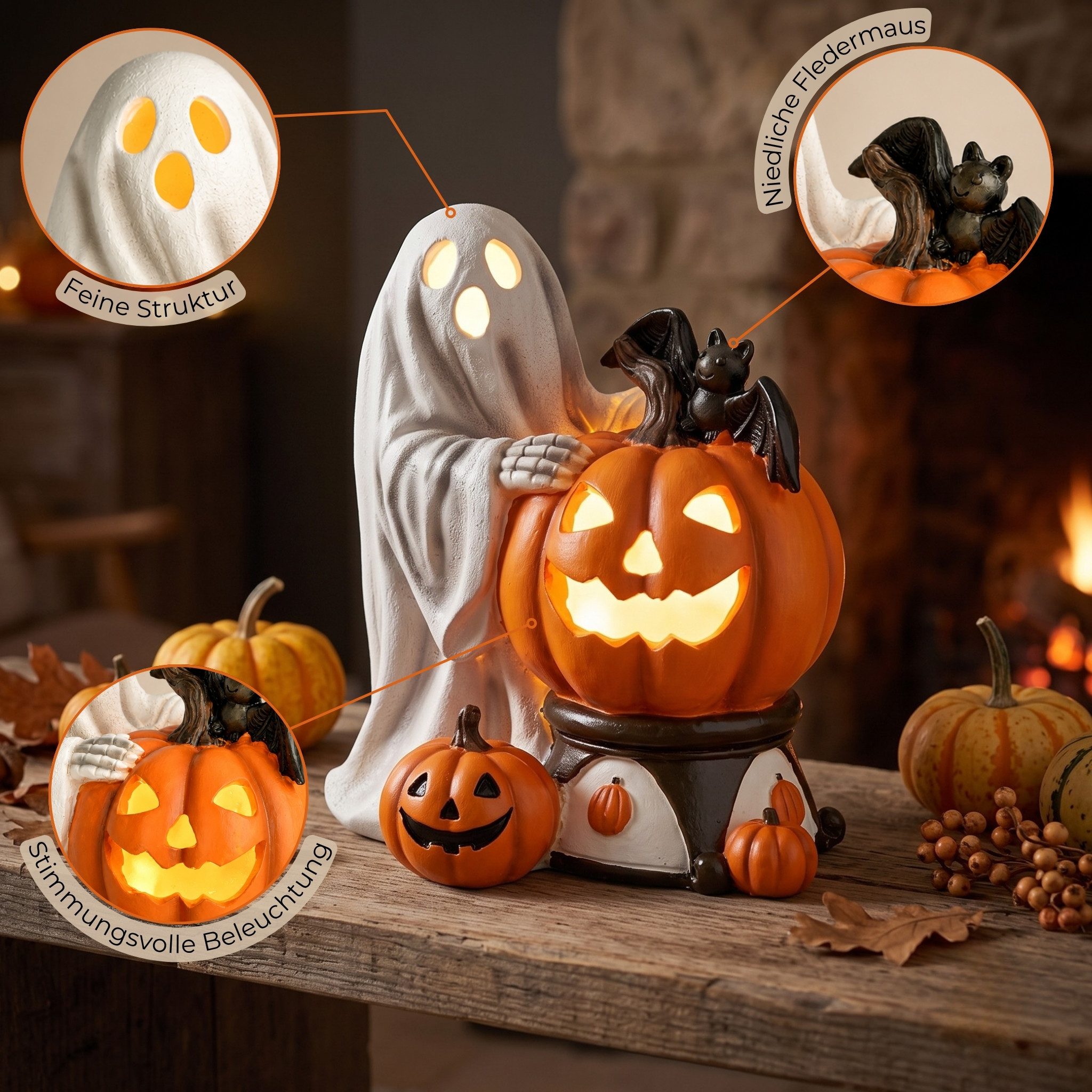 matches21 HOME & HOBBY Dekolicht LED Halloween Dekofigur in 14x15x10 cm - Geist mit Kürbis aus Poly, LED, Warmweiß, LED-Geist - Polyesin - 2×LR44 - kein Timer – Bild 4 von 5