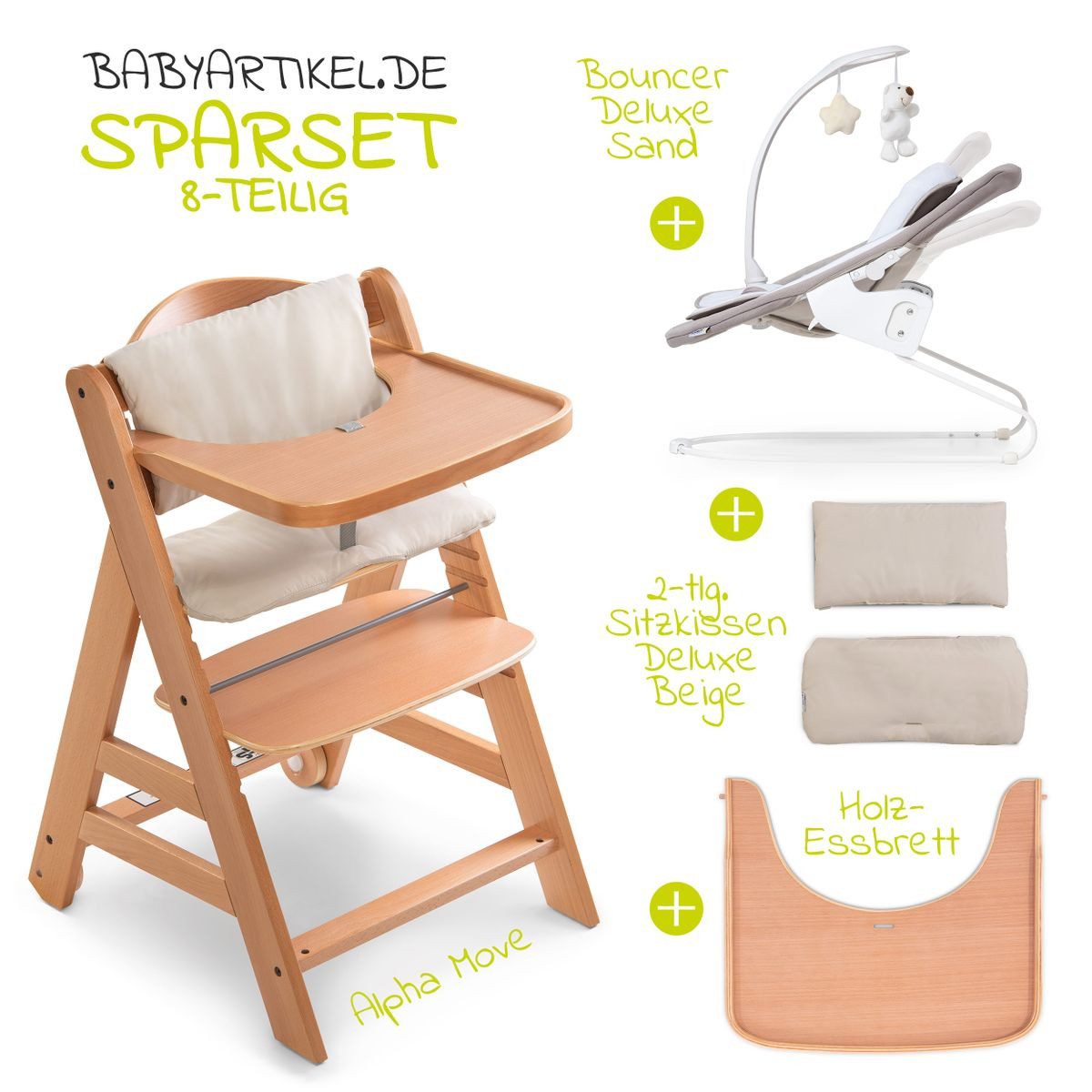 Hauck Hochstuhl Alpha Plus Move Natur Newborn Set (5 St), Holz Babystuhl ab Geburt mit Neugeborenenaufsatz, Sitzkissen, Essbrett – Bild 2 von 5