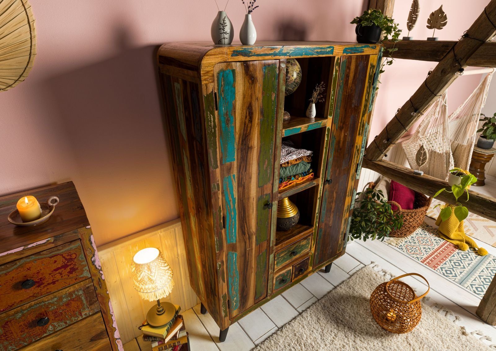 Massivmoebel24 Highboard SIXTIES (Massivholz), Highboard Altholz 115x40x170 mehrfarbig lackiert SIXTIES #108