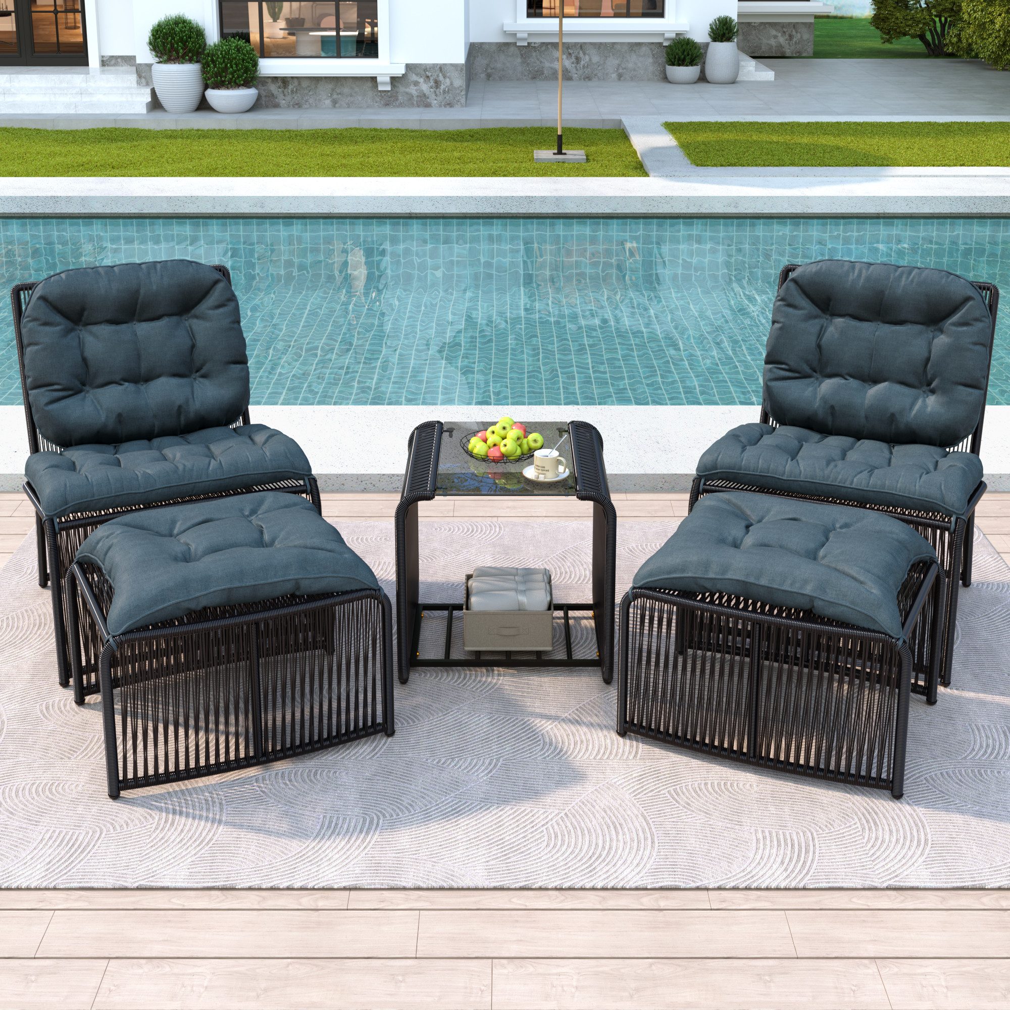 Merax Gartenlounge-Set aus Polyratten und Eisenrahmen, Loungeset mit Kissen & Glasplatte, (5-tlg., Loungeset für Terrasse, Balkon und Garten), 4-Sitzer Gartenmöbel Set mit Tisch, 2 Stühle und 2 Hocker