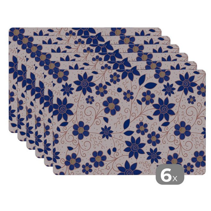 Platzset Blumen - Blau - Japan - Muster MuchoWow (6-St) Platzset Platzdecken Platzmatte Tischmatten Schmutzabweisend