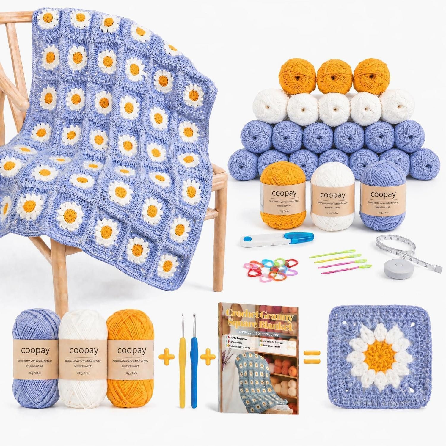 LuxusKollektion Häkelnadeln Häkelset Granny Square Decke Himmelblau, 1 St.
