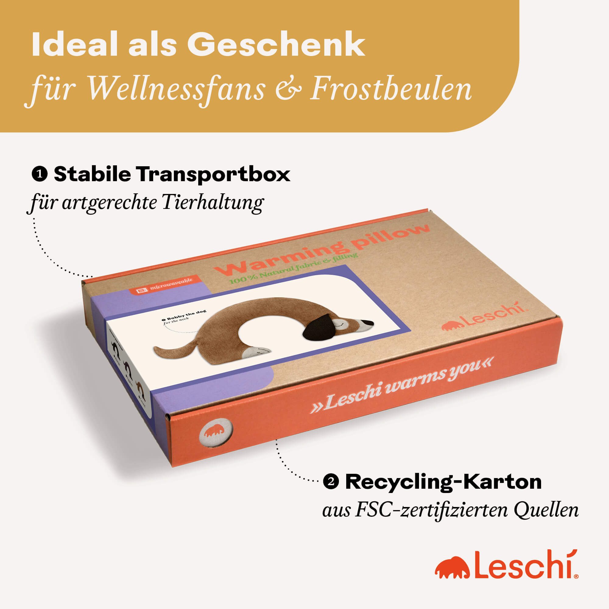 Leschi Wärmekissen für Nacken & Schultern, Körnerkissen mit Bio-Weizen, Mikrowelle, Hund