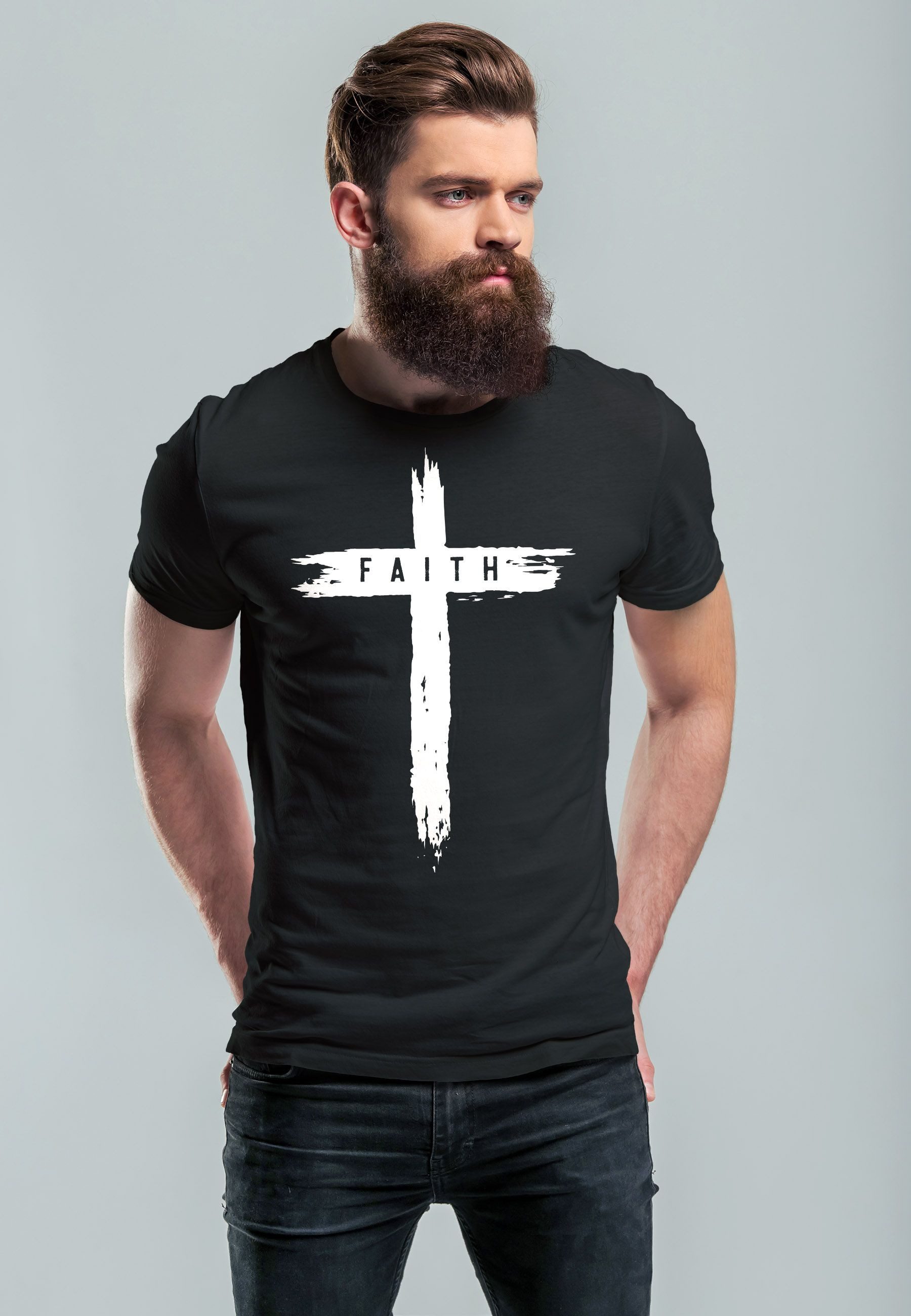 Neverless Print-Shirt Herren T-Shirt Printshirt Aufdruck Kreuz Cross Faith günstig online kaufen