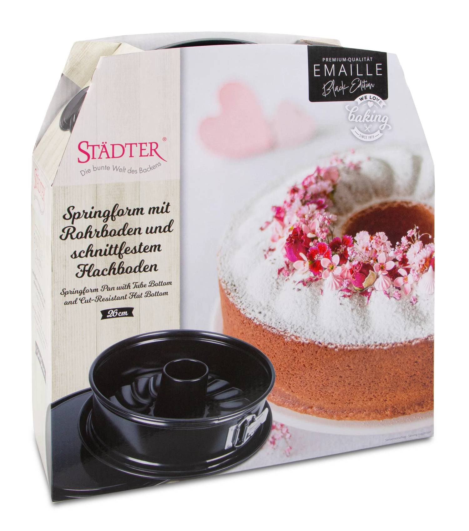 STÄDTER Springform Springform Emaille 26 cm 2-in-1 Flach- & Rohrboden Schwarz, Auslaufsicherer Rand