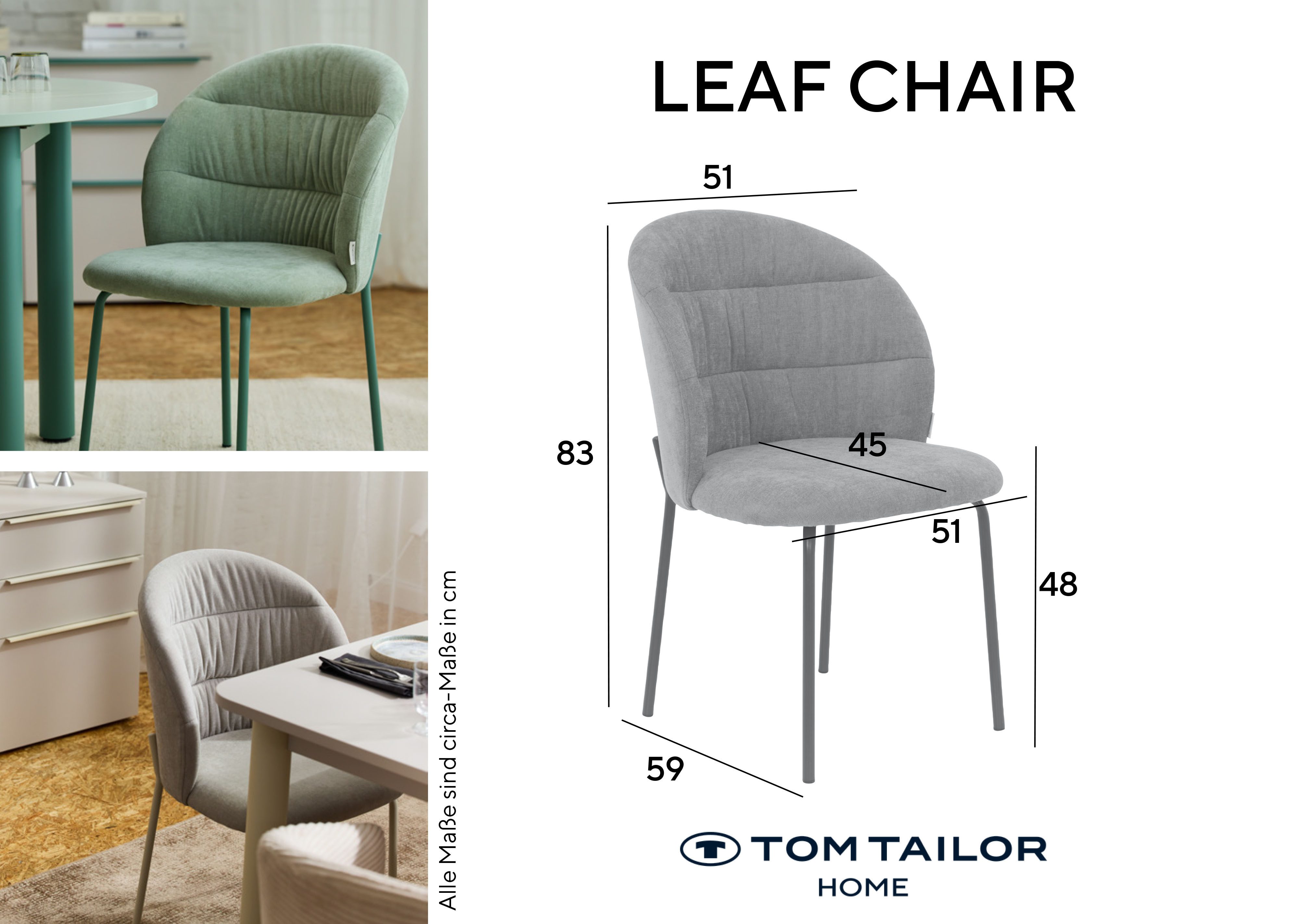 TOM TAILOR HOME 4-Fußstuhl LEAF CHAIR (Set, 2 St), 4-Fußgestell, Raffung in der Rückenlehne