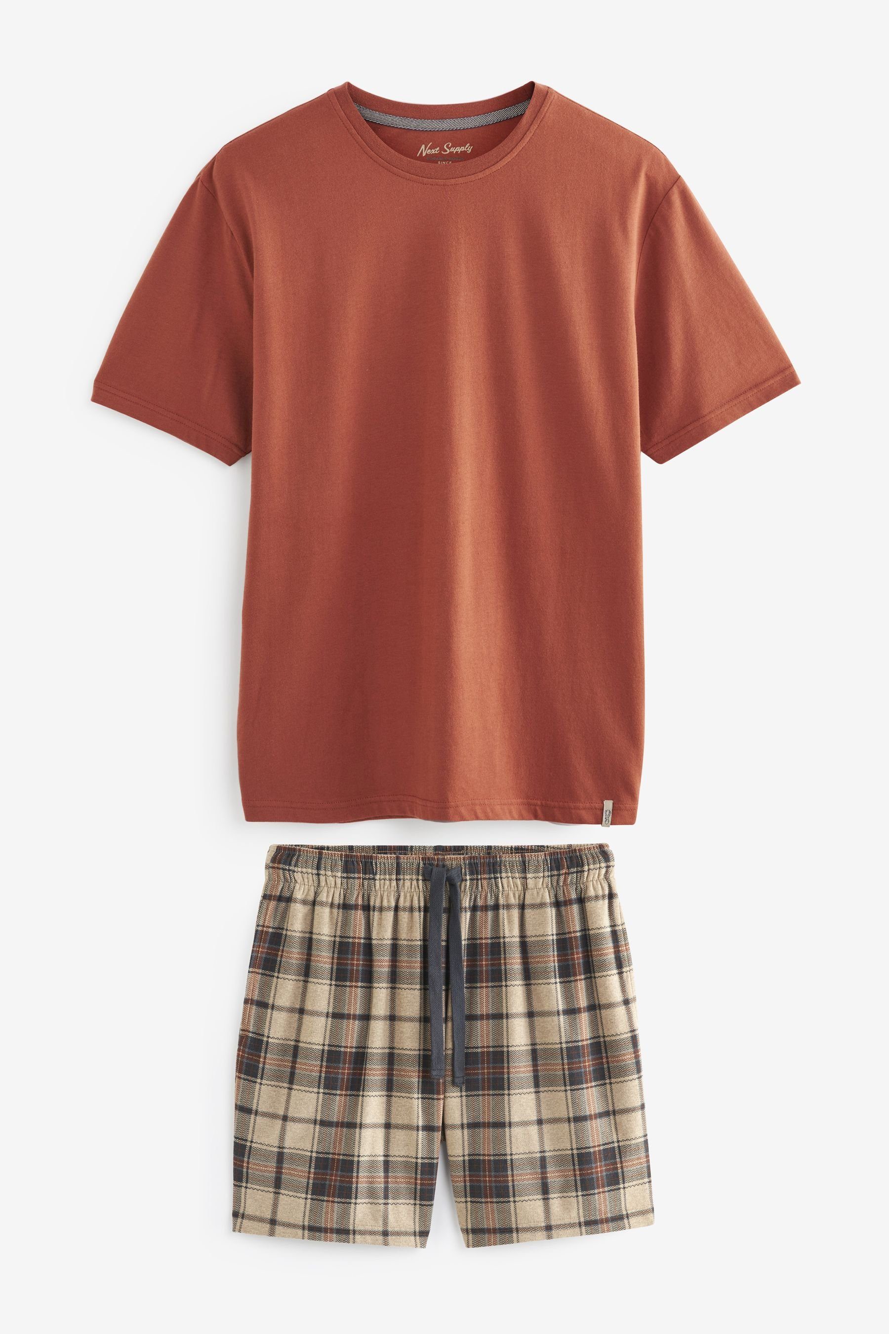 Next Pyjama Motion Flex Kuscheliger Pyjama mit Shorts (2 tlg) Orange/Tan Check | Pyjamas