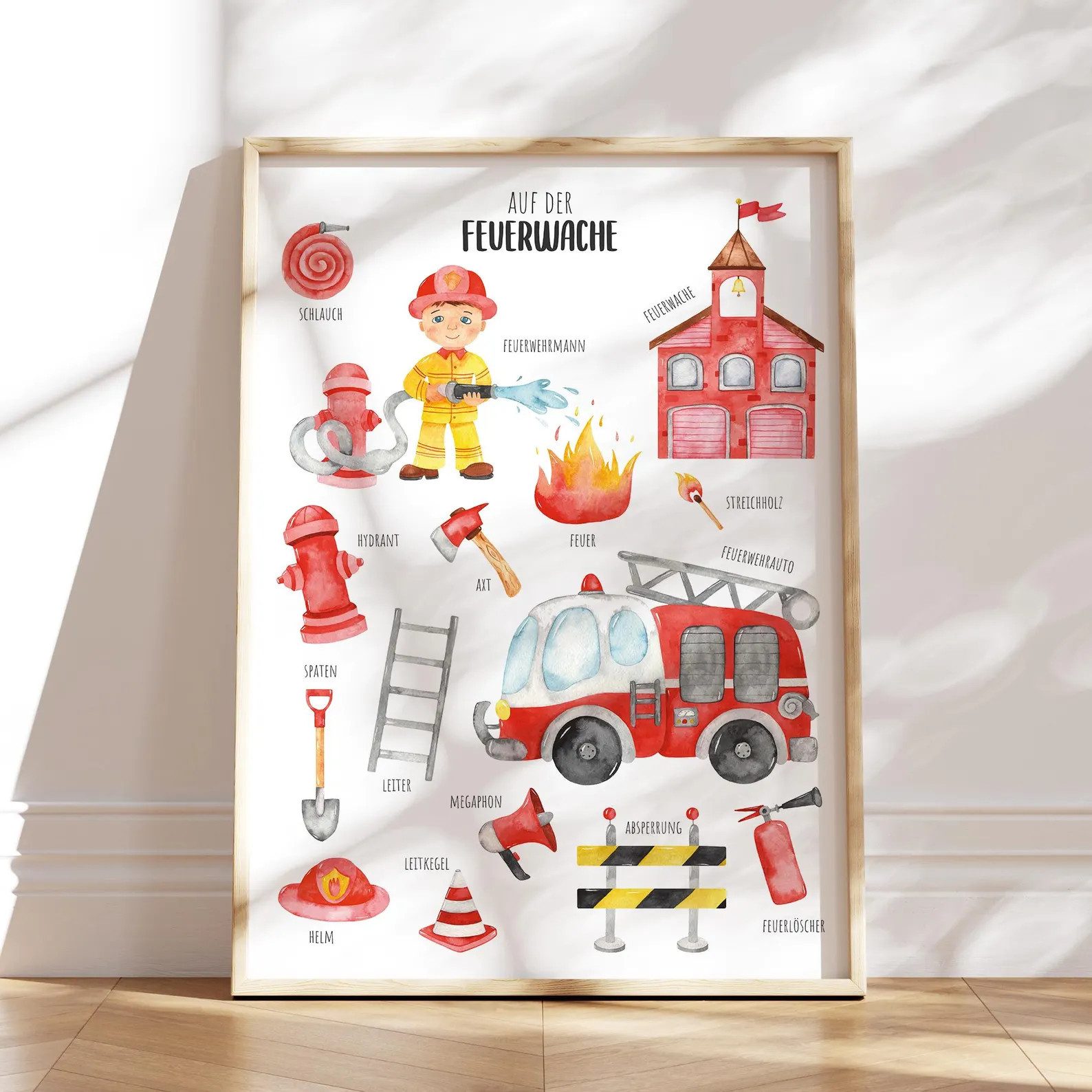 MeinBaby123® Poster Feuerwehr, Bilder Kinderzimmer Deko Jungs, Feuerwehrauto, Feuerwehrmann