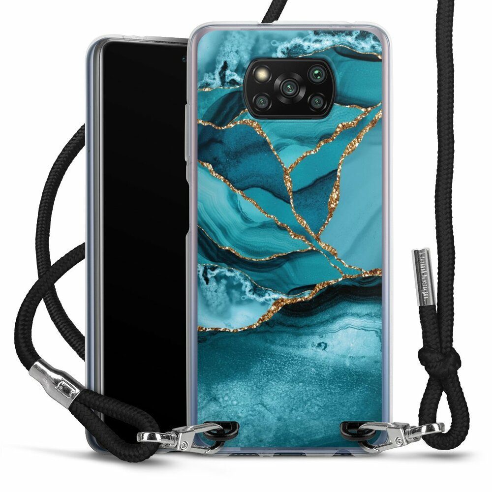 DeinDesign Handyhülle Edelstein Glitzer Look Marmor Eisblaue Marmor Landschaft, Xiaomi Poco X3 Pro Handykette Hülle mit Band Case zum Umhängen