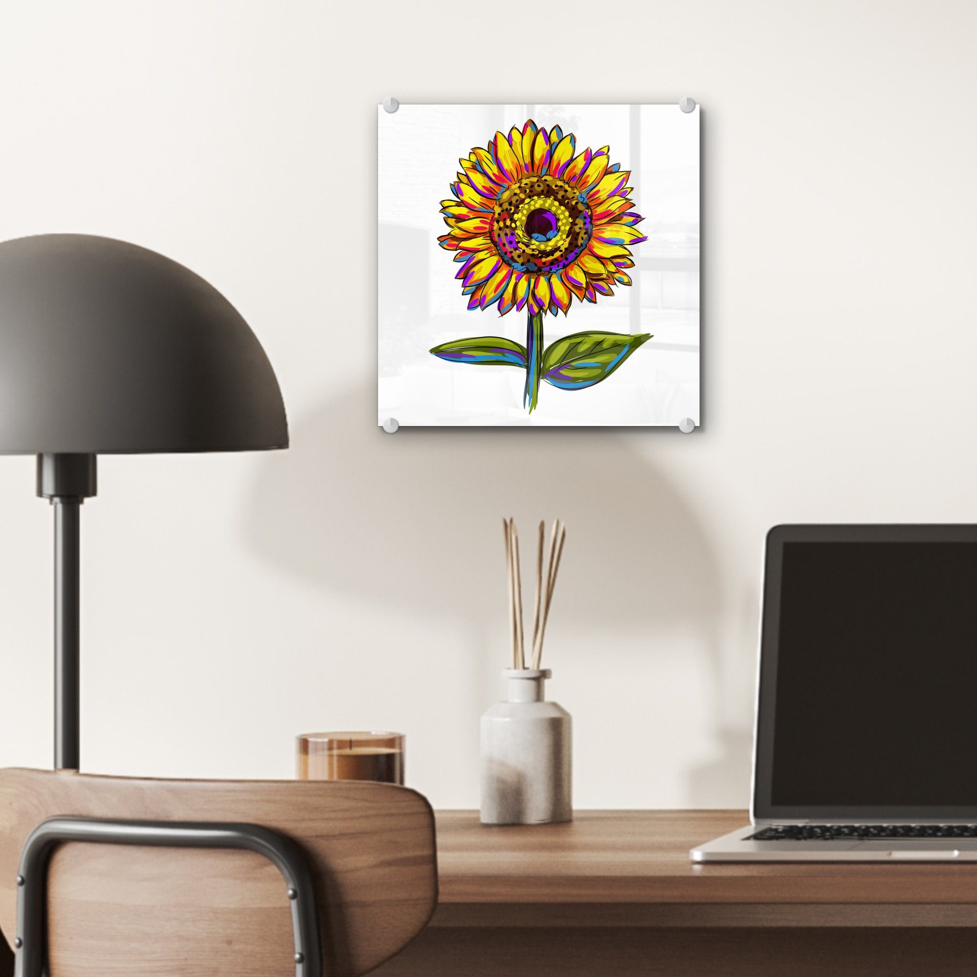 auf Wandbild Glas auf Bilder Illustration - - bunten Foto MuchoWow (1 Acrylglasbild Glasbilder - Wanddekoration St), einer Glas Sonnenblume,