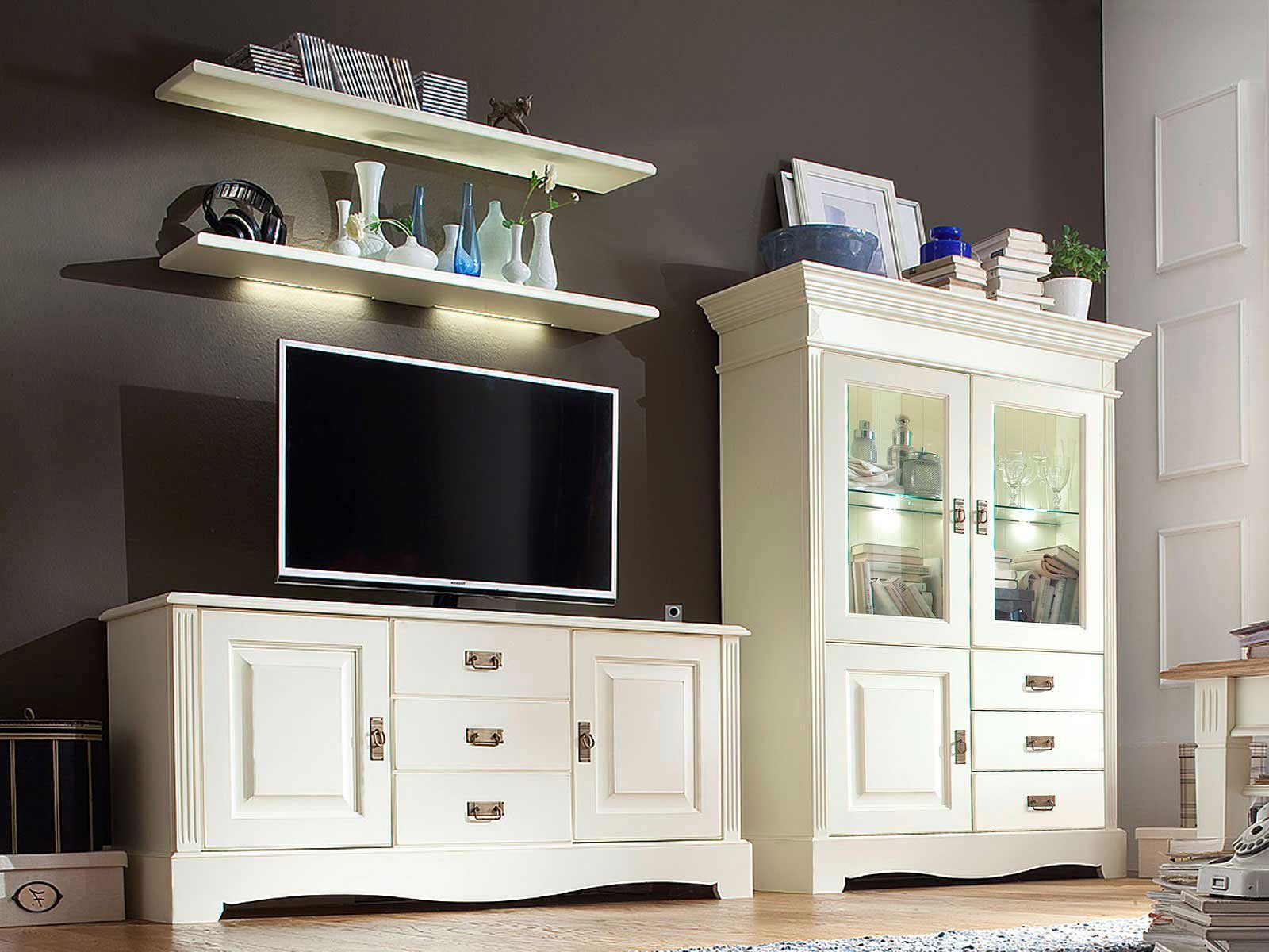 Casamia Schranksystem TV Pinie Nordica B294xH166xT49cm massiv Wohnzimmer Padua panna Schrank 4-tlg