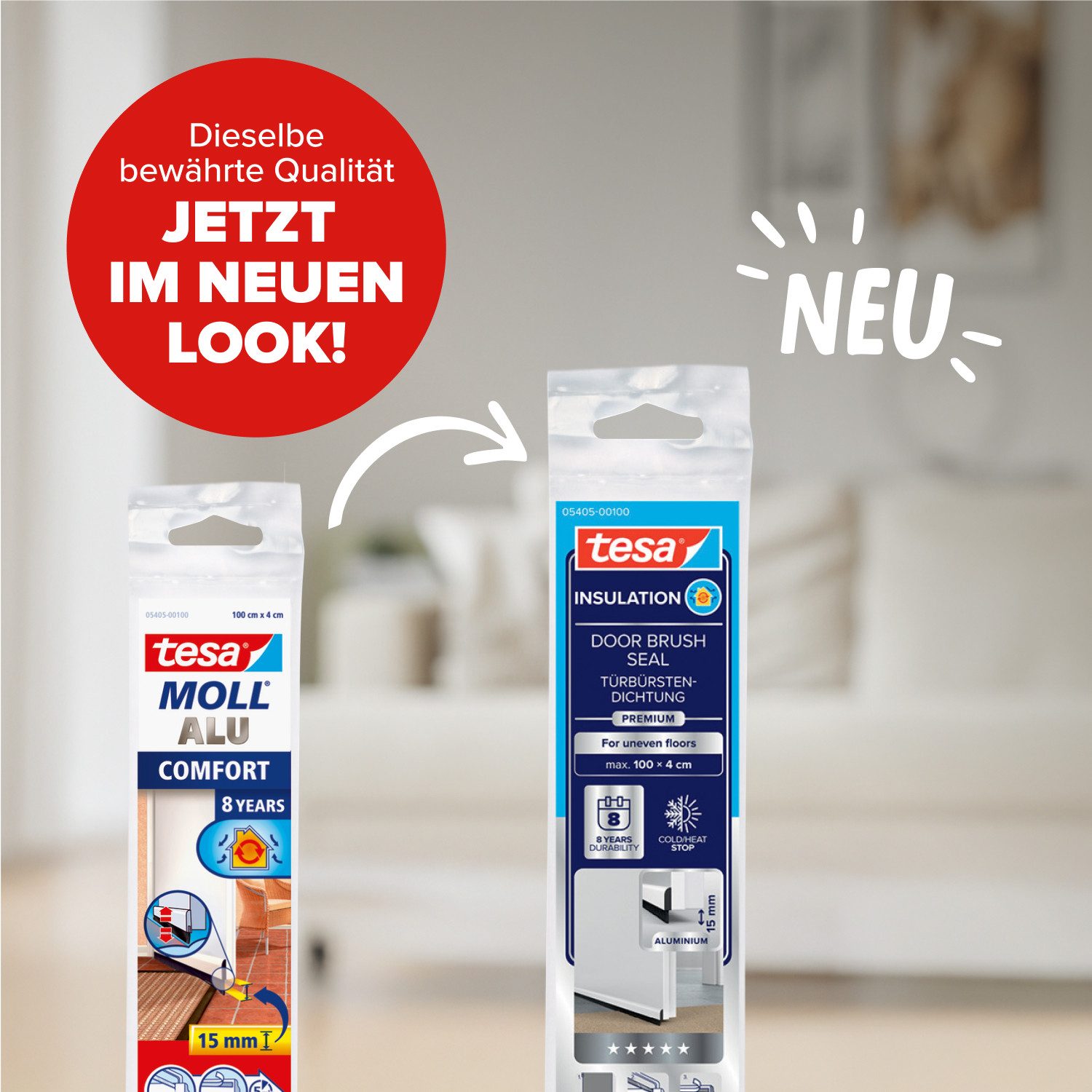 tesa Türbodendichtung INSULATION Premium Türdichtschiene für unebene Böden, (Packung, 1-St., Alu-Türdichtung - weiß - mit Bürstendichtung bis 15 mm), selbstklebende Alu-Türdichtung zum Schutz vor Zugluft