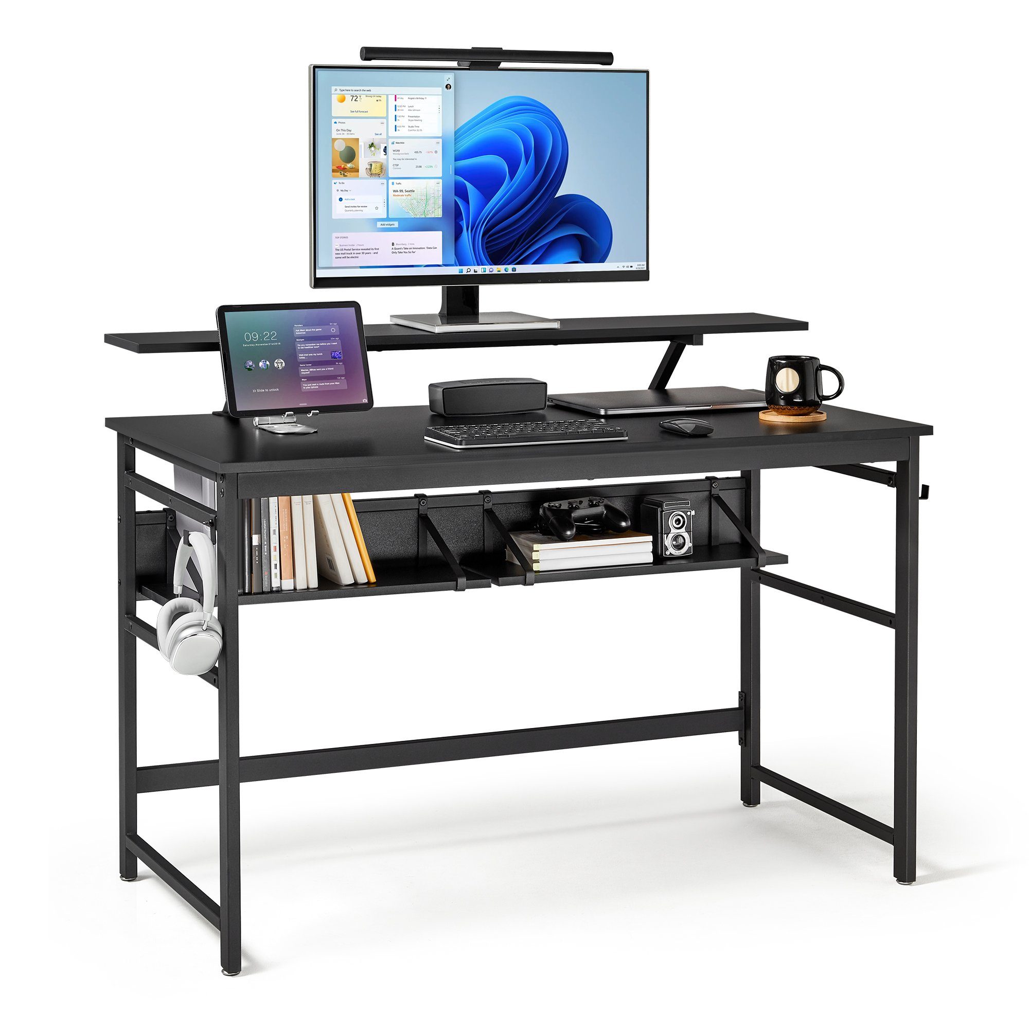Mondeer Schreibtisch Computertisch, 120cm, mit 2 Ablagefächern, Abnehmbarer Monitorständer Schwarz | Schwarz