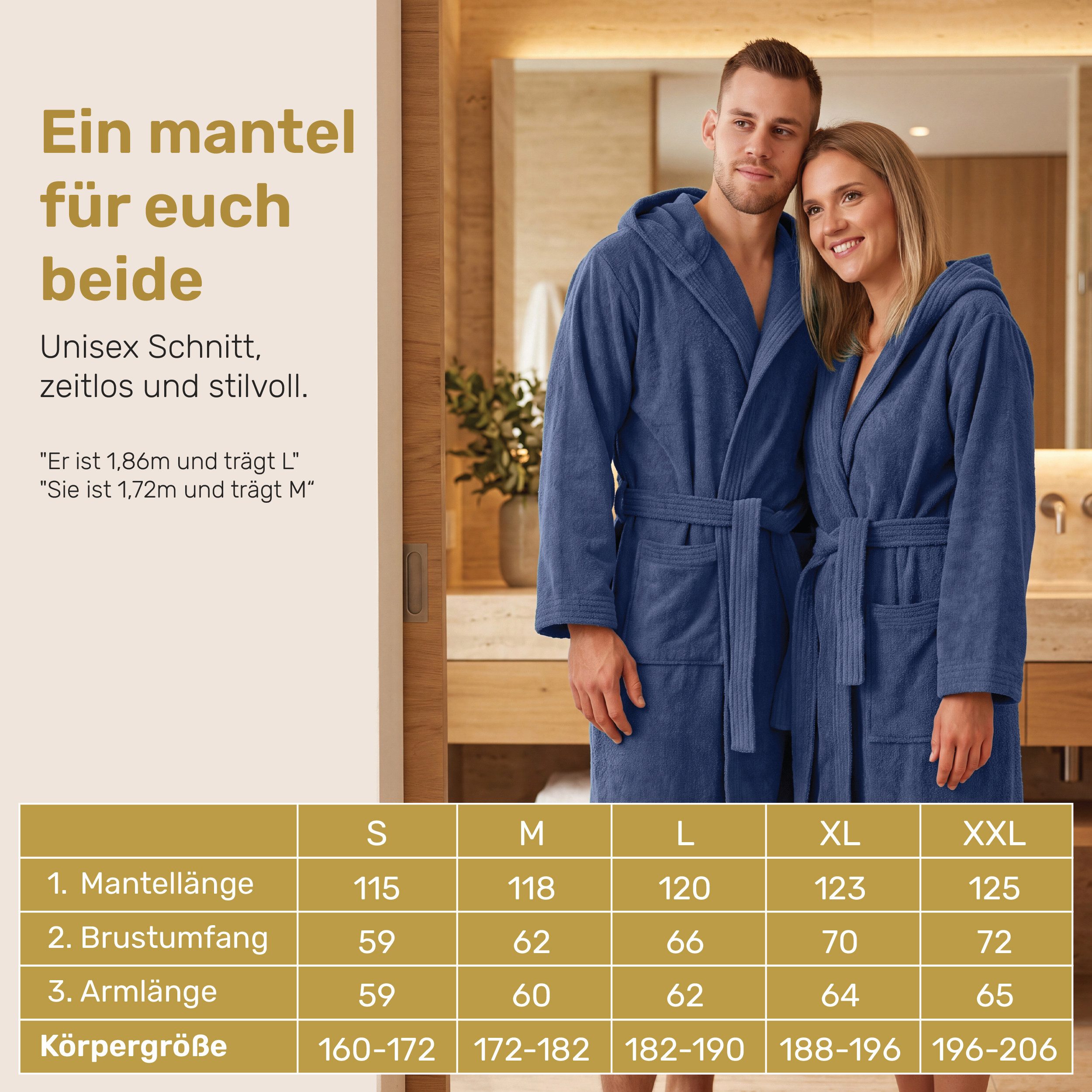 Lavea Bademantel Damen und Herren, Morgenmantel Mexico, Hotelbademantel, Lang, 100% Baumwolle, mit Kapuze, hochwertiger Bindegürtel, Weich & Saugstark - Spa Fee – Bild 2 von 5