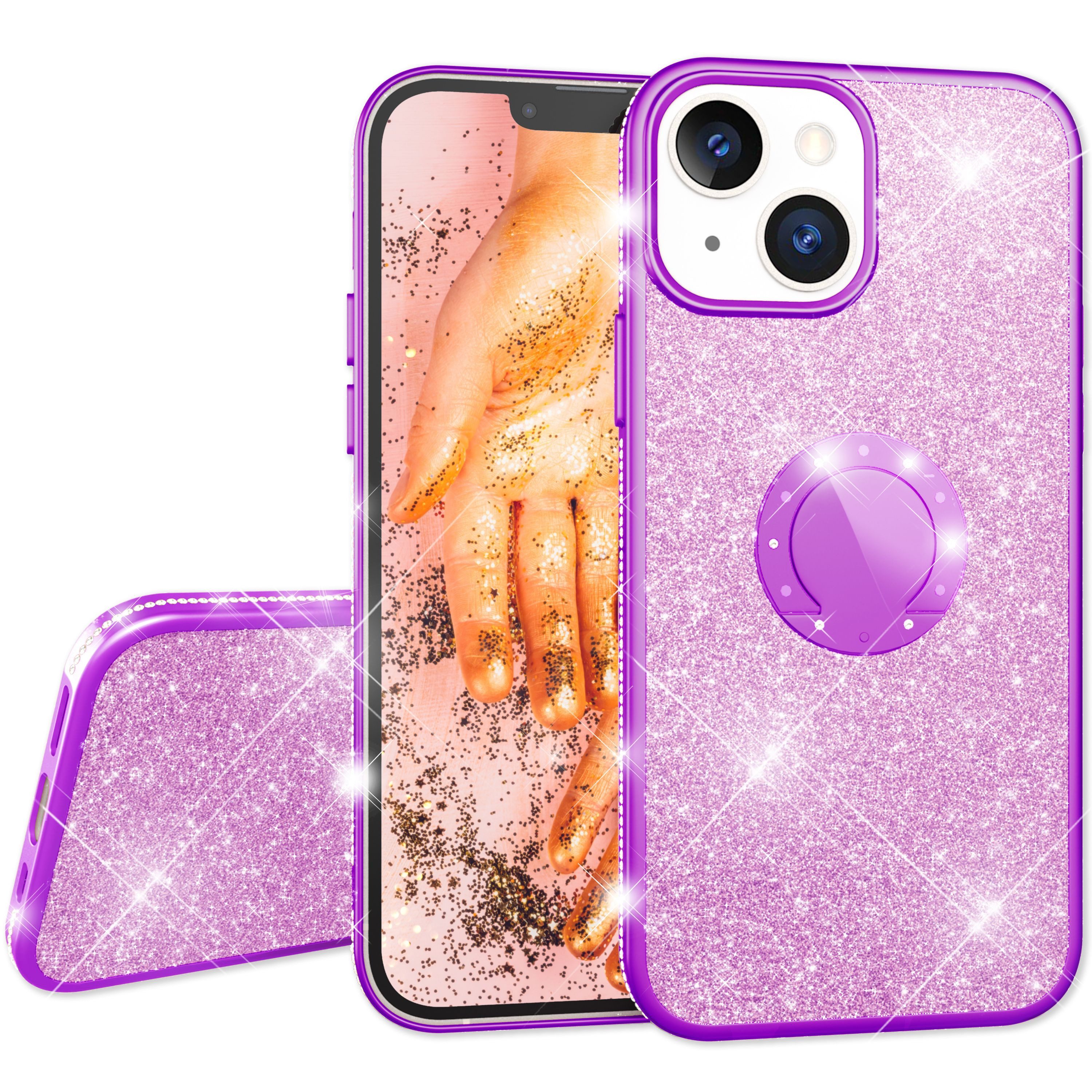 Nalia Smartphone-Hülle Apple iPhone 13 15,5 cm (6,1 Zoll), Glitzer Ring Silikon Hülle / 360 Grad Finger-Halter / Standfunktion