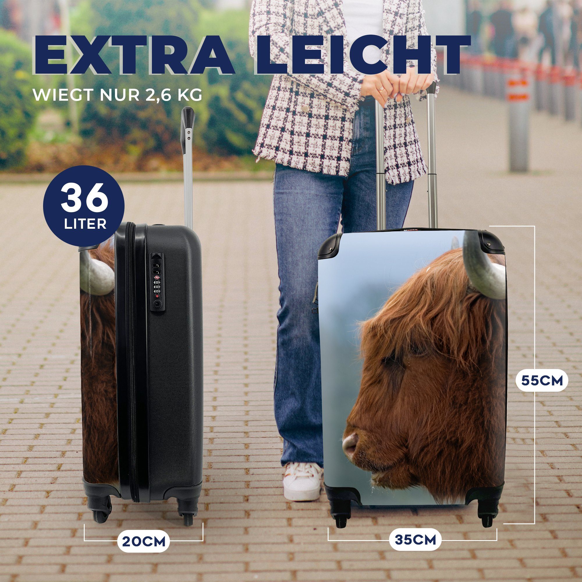 4 Handgepäck Trolley, MuchoWow Rollen, Nebel, Highlander Ferien, für rollen, mit Tiere Handgepäckkoffer - - Schottische Reisetasche Reisekoffer