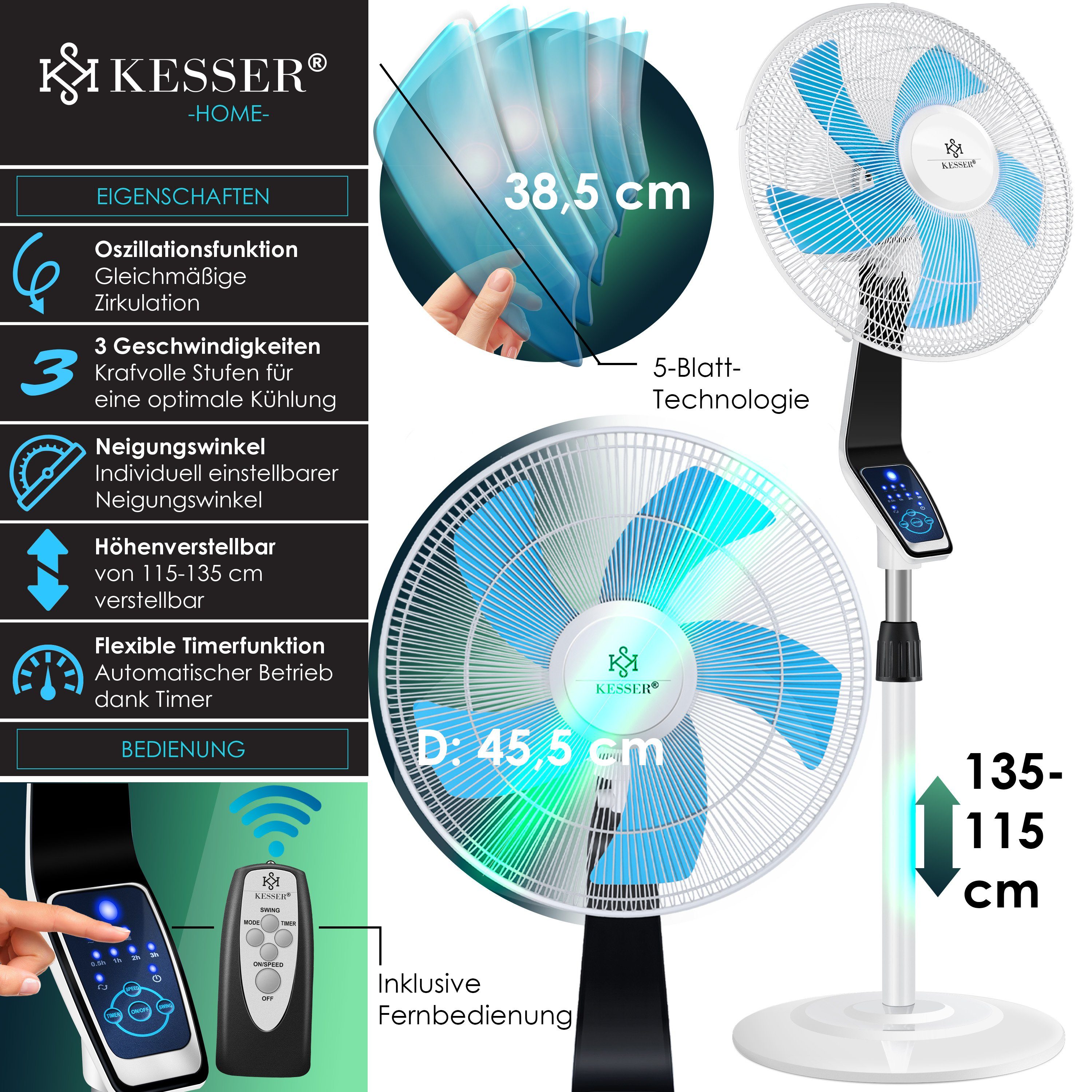 mit Timer KESSER Fernbedienung Standventilator Standlüfter Standventilator, weiß