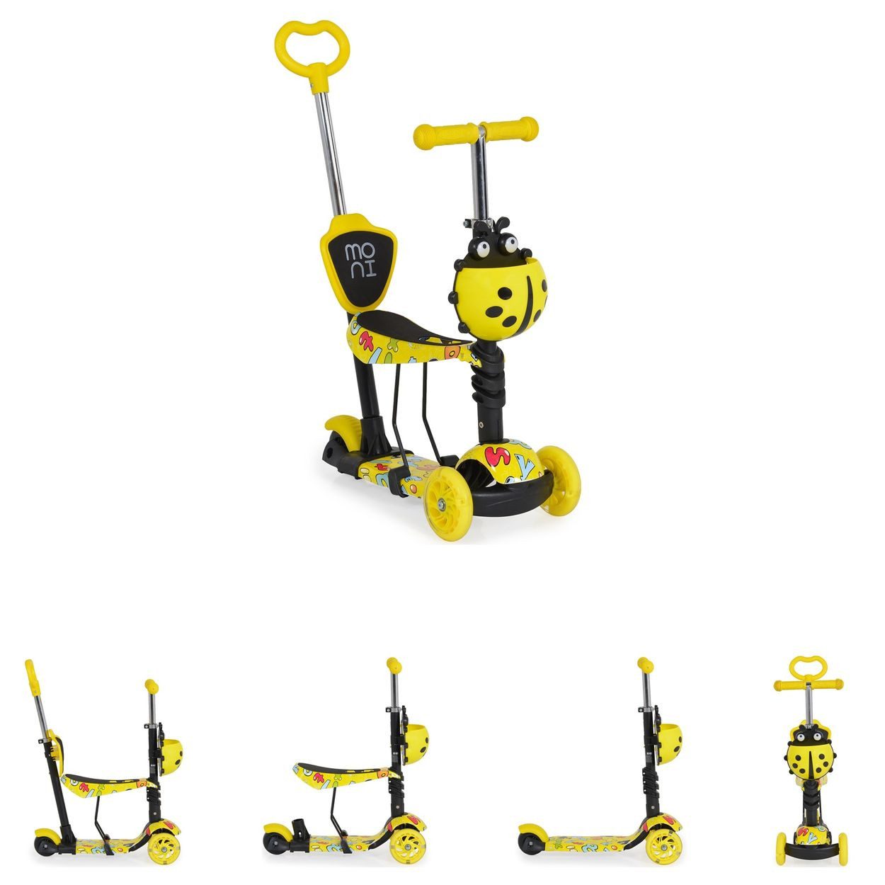 Moni Cityroller Lollipop 3 in 1, Schiebestange, LED-Vorderräder, verstellbarer Lenker, Hinterradbremse