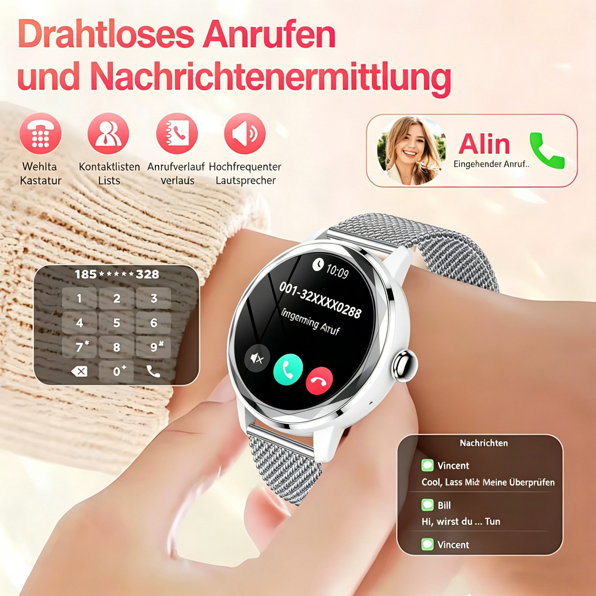 Vornix 2026 Neues Smartwatch Damen, Fitness Uhr mit Anruffunktion Smartwatch Smartwatch (Fitnessuhr mit Telefonfunktion/WhatsApp Notiz,Smartwatch Fitness Tracker Uhr IP68 Wasserdicht,1.2" HD Voll Touchscreen Fitnessuhr Tracker mit Blutsauerstoff/Pulsmesser/Sportuhr/Schrittzähler/Schlafmonitor Aktivitätstracker usw für iOS/Android Uhren Watch cm)