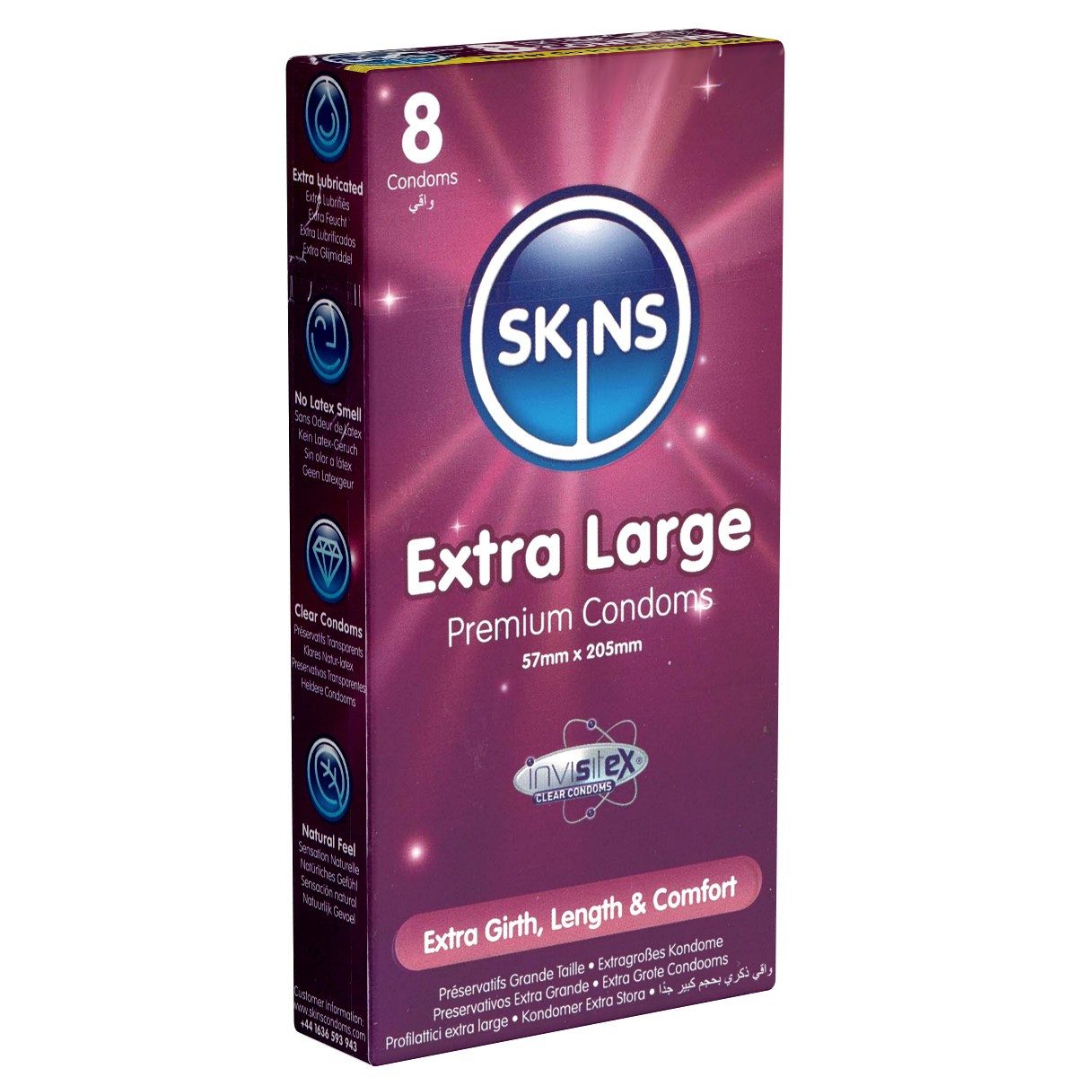 SKINS Condoms XXL-Kondome Extra Large, samtweiche Oberfläche, fühlt sich an wie "echt", Packung mit, 8 St., XXL Kondome mit Vanille-Duft, durchsichtiges Latex (kristallklar), kein Latexgeruch