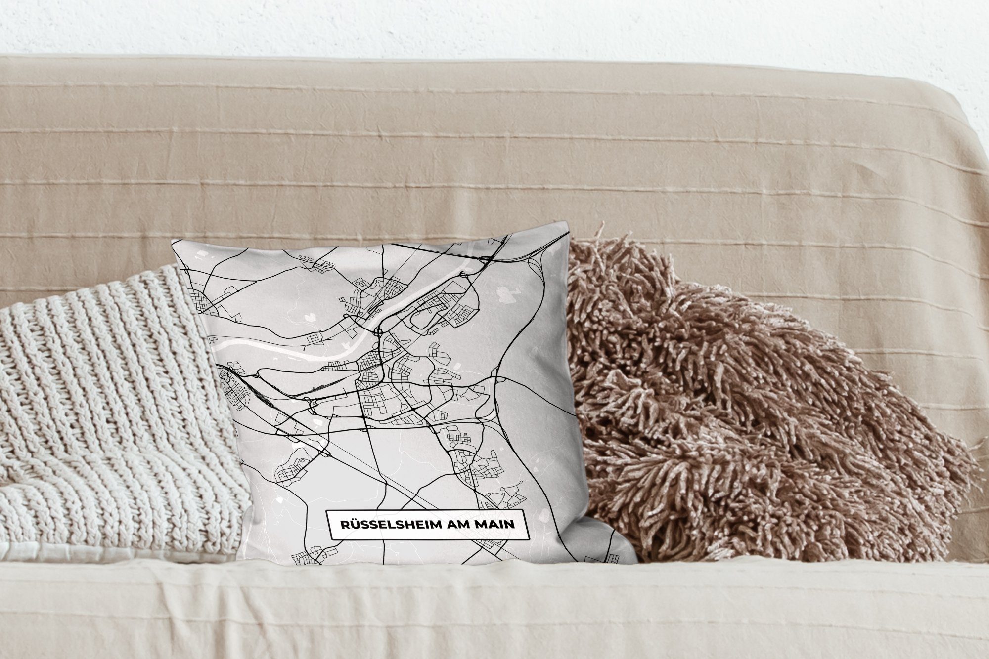 Füllung Karte, MuchoWow - - - Karte Main Deutschland mit Sofakissen Deko, Wohzimmer, Zierkissen Stadtplan Dekokissen Schlafzimmer, Rüsselsheim - Am für