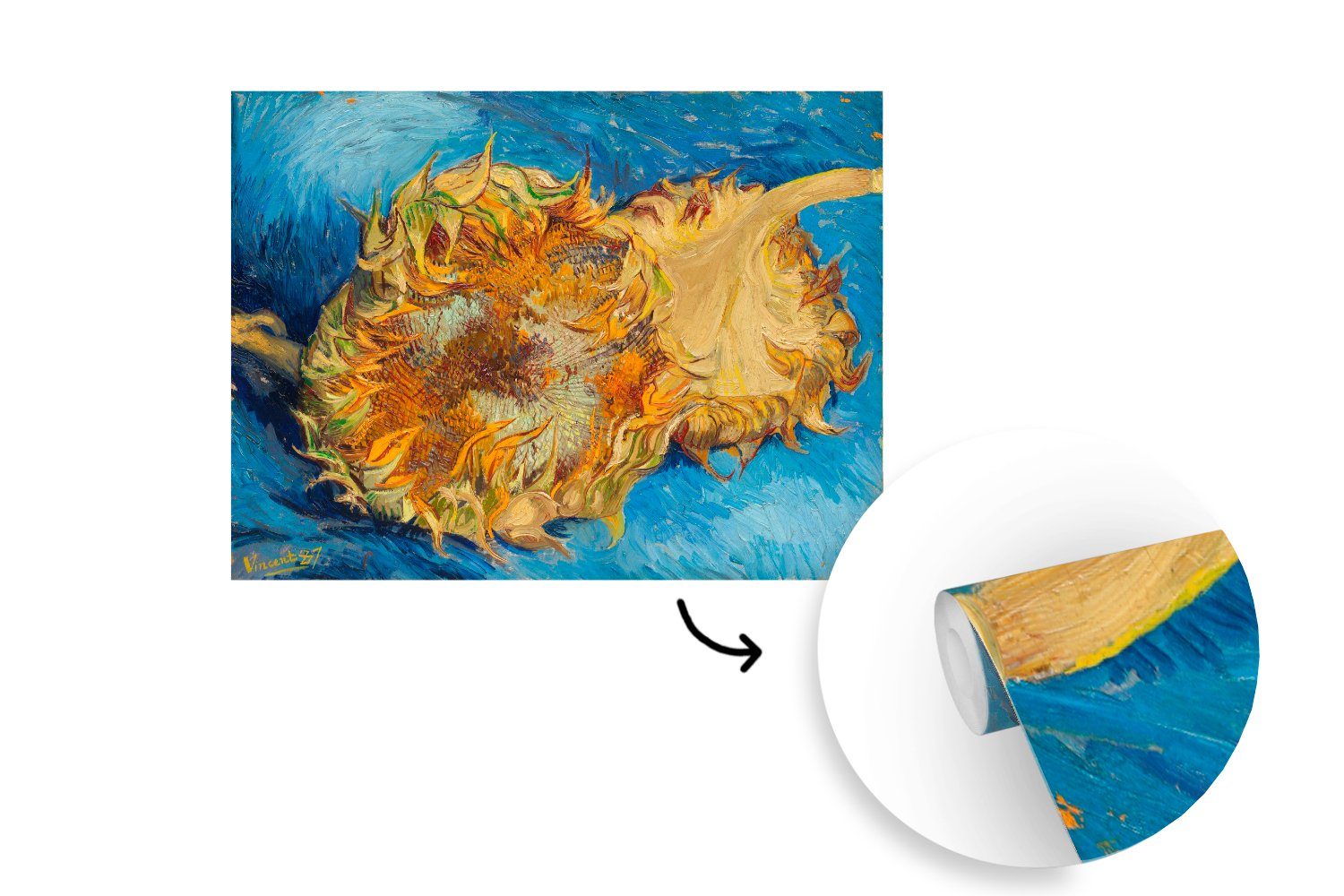 - für Tapete MuchoWow Matt, (6 Fototapete Wandtapete St), Sonnenblumen Zwei Vincent Montagefertig Wohnzimmer, van Vinyl Gogh, bedruckt,