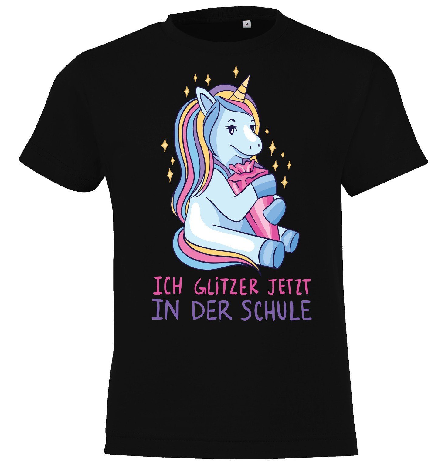 Shirt Einhorn Frontaufdruck der Schule Youth süßem Kinder in jetzt glitzer Schwarz T-Shirt mit Ich Designz