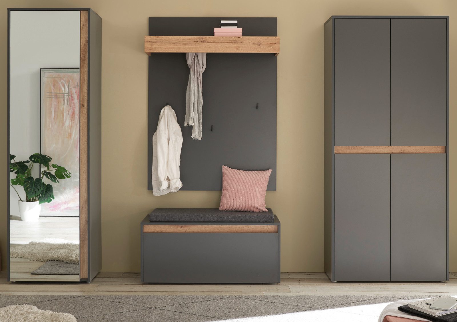 Furn.Design Garderoben-Set Center, (Flurgarderobe in grau mit Wotan Eiche, Komplett-Set 5-teilig), mit viel Stauraum