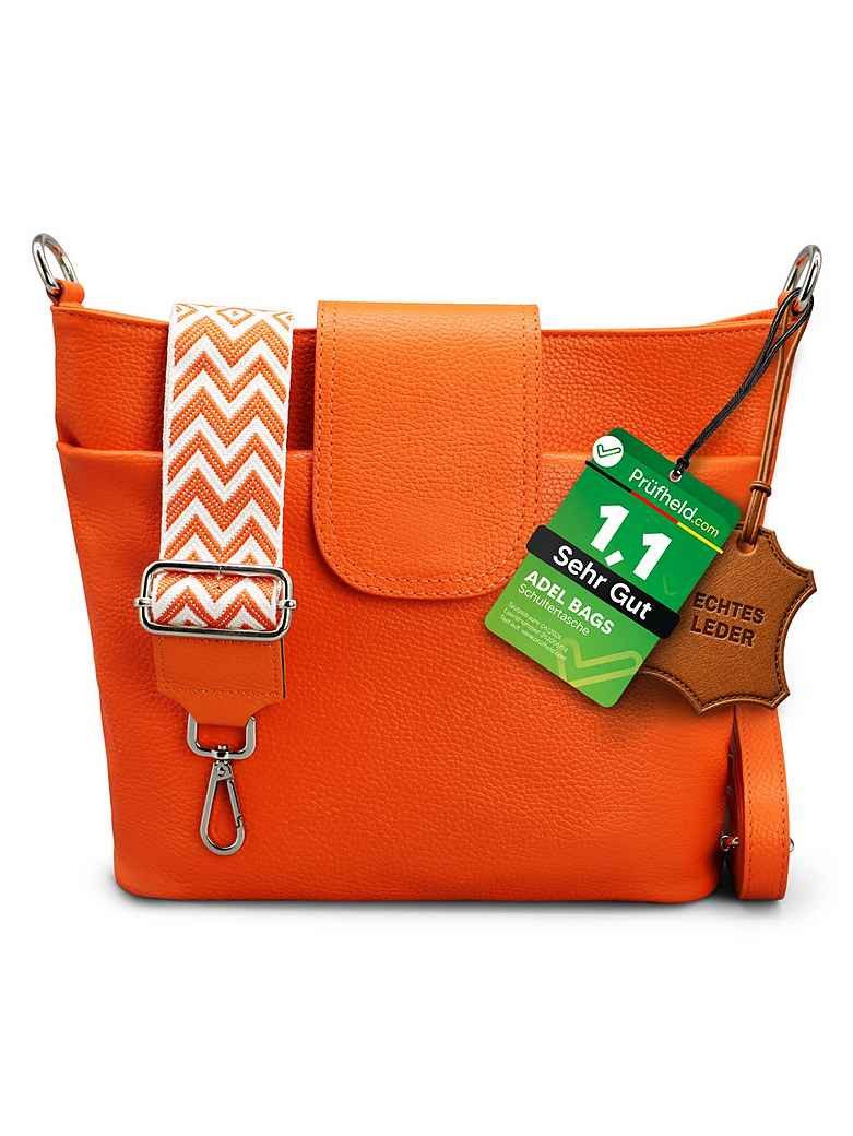 Adel Bags Schultertasche SARA Umhängetasche Damen Orange aus Echtleder Crossbody (Test SEHR GUT, Note 1.1), 20 Farboptionen, Hergestellt in Italien, mit 2 Riemen