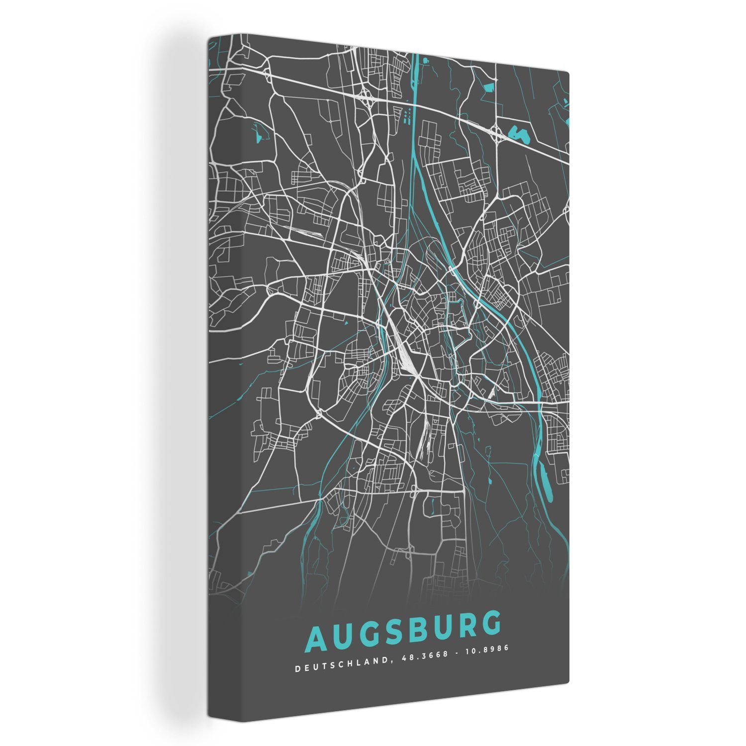 OneMillionCanvasses® Leinwandbild Stadtplan - Karte - Augsburg - Blau - Deutschland - Karte, (1 St), Leinwandbild fertig bespannt inkl. Zackenaufhänger, Gemälde, 20x30 cm