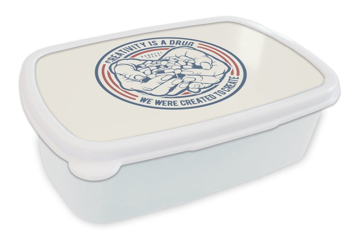 MuchoWow Lunchbox Zitat - Kreativ - Pillen - Vintage, Kunststoff, (2-tlg), Brotbox für Kinder und Erwachsene, Brotdose, für Jungs und Mädchen weiß