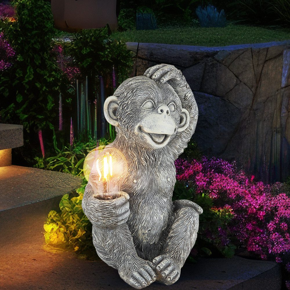 GLOBO LIGHTING LED Dekofigur, LED-Leuchtmittel fest verbaut, Solarleuchte Außenlampe Affe grau Gartendeko Terrassenleuchte klar