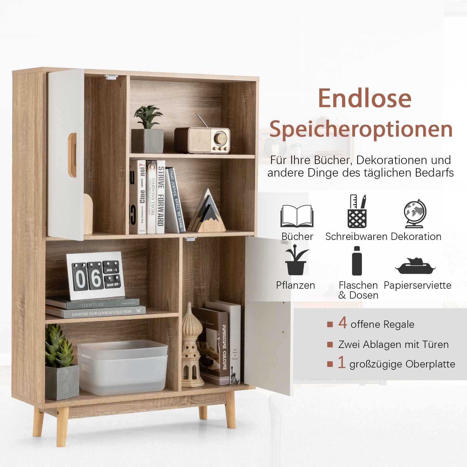 COSTWAY Bücherregal, mit 2 Türen & 4 Regalen, Kippsicherung, Holz, 80x24x120cm