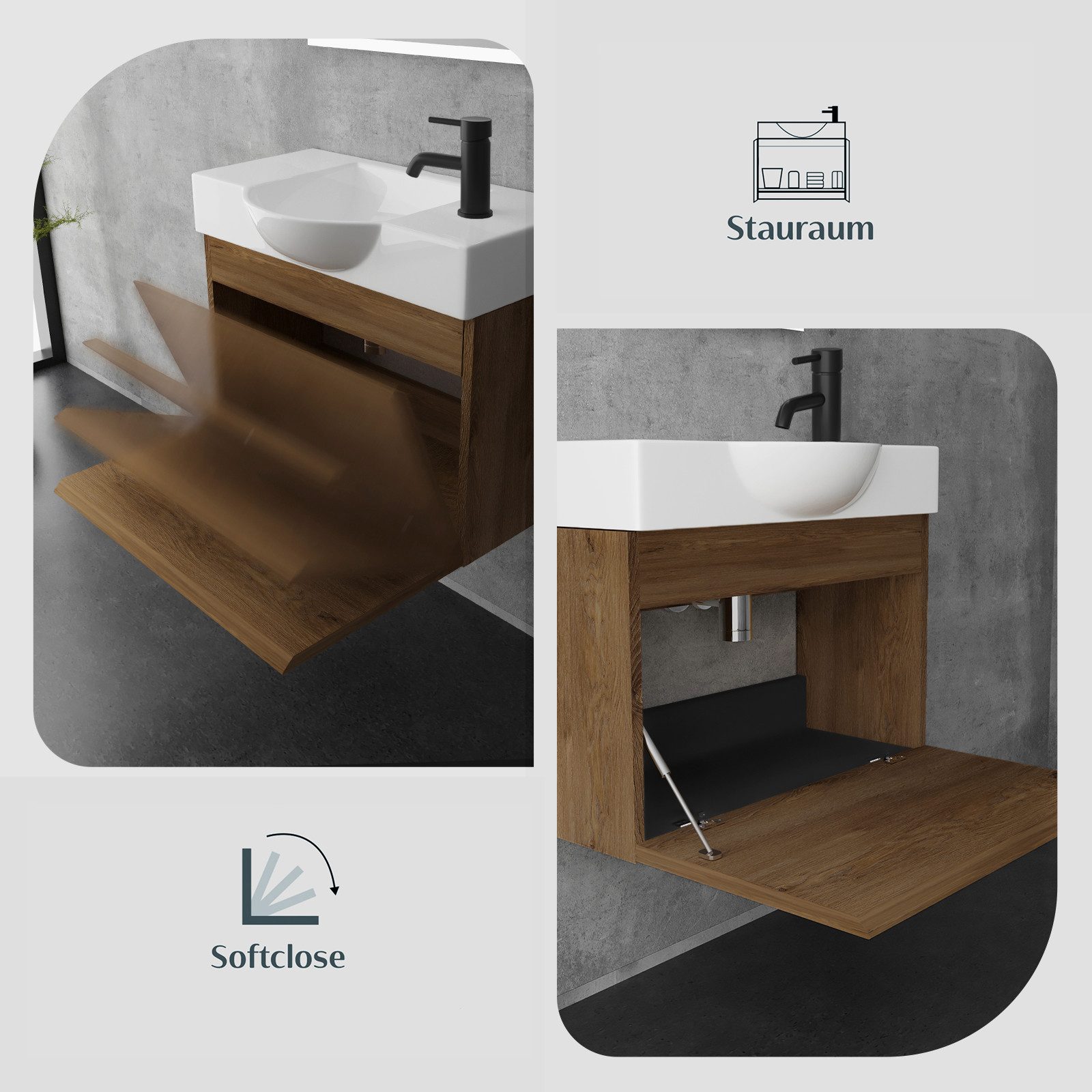 Alpenberger Waschtisch Gäste WC Waschbecken mit Unterschrank Klein, Waschplatz 55 cm hängend (Gäste WC Möbel Vormontiert, Waschtisch mit Unterschrank mit Softcl – Bild 4 von 5