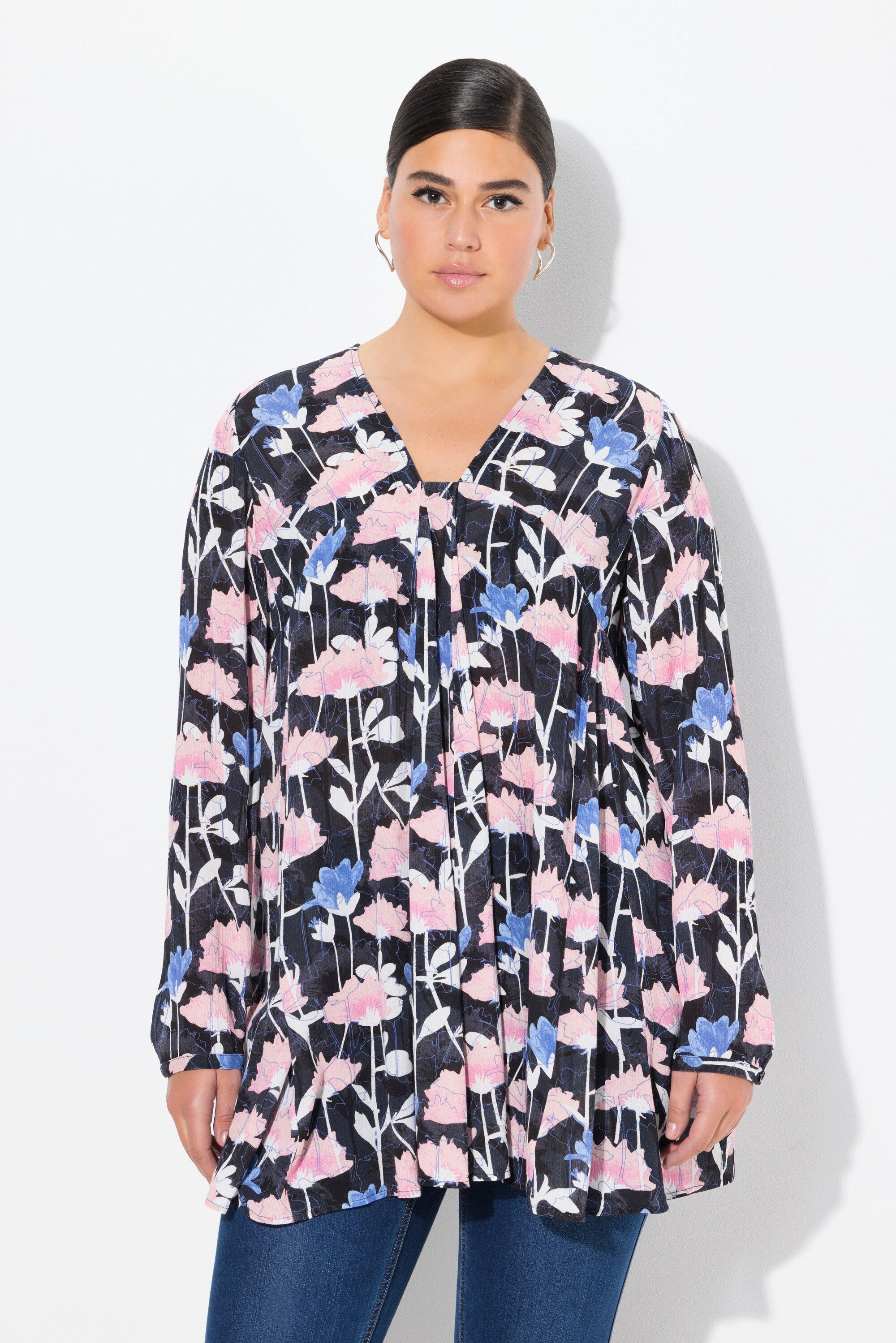 Longbluse Bluse Alloverdruck A-Linie Carree-Ausschnitt