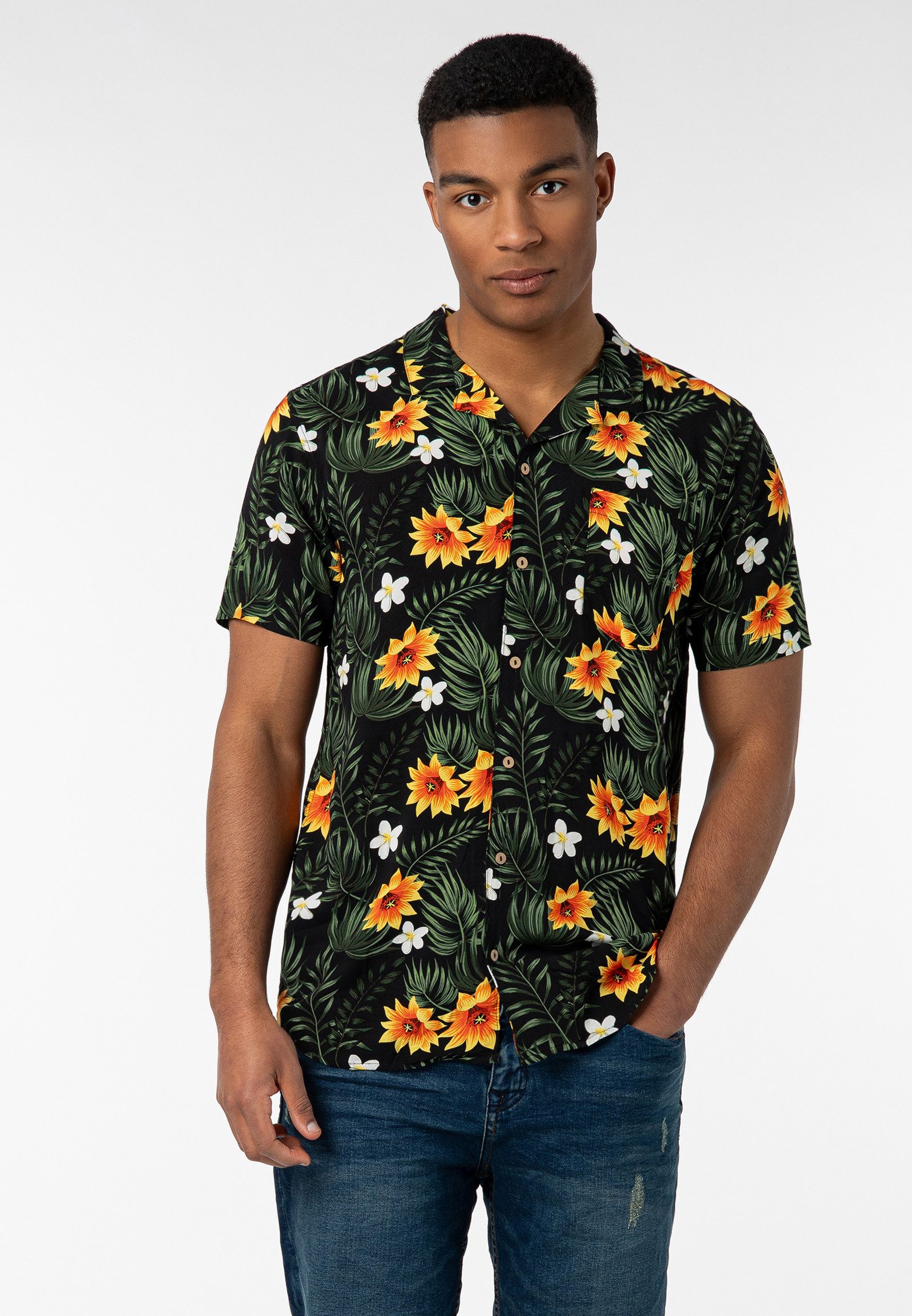 Urban Surface Kurzarmhemd Herren Freizeithemd Allover-Print Tropical Flowers Freizeithemd, Kentkragen, Brusttasche