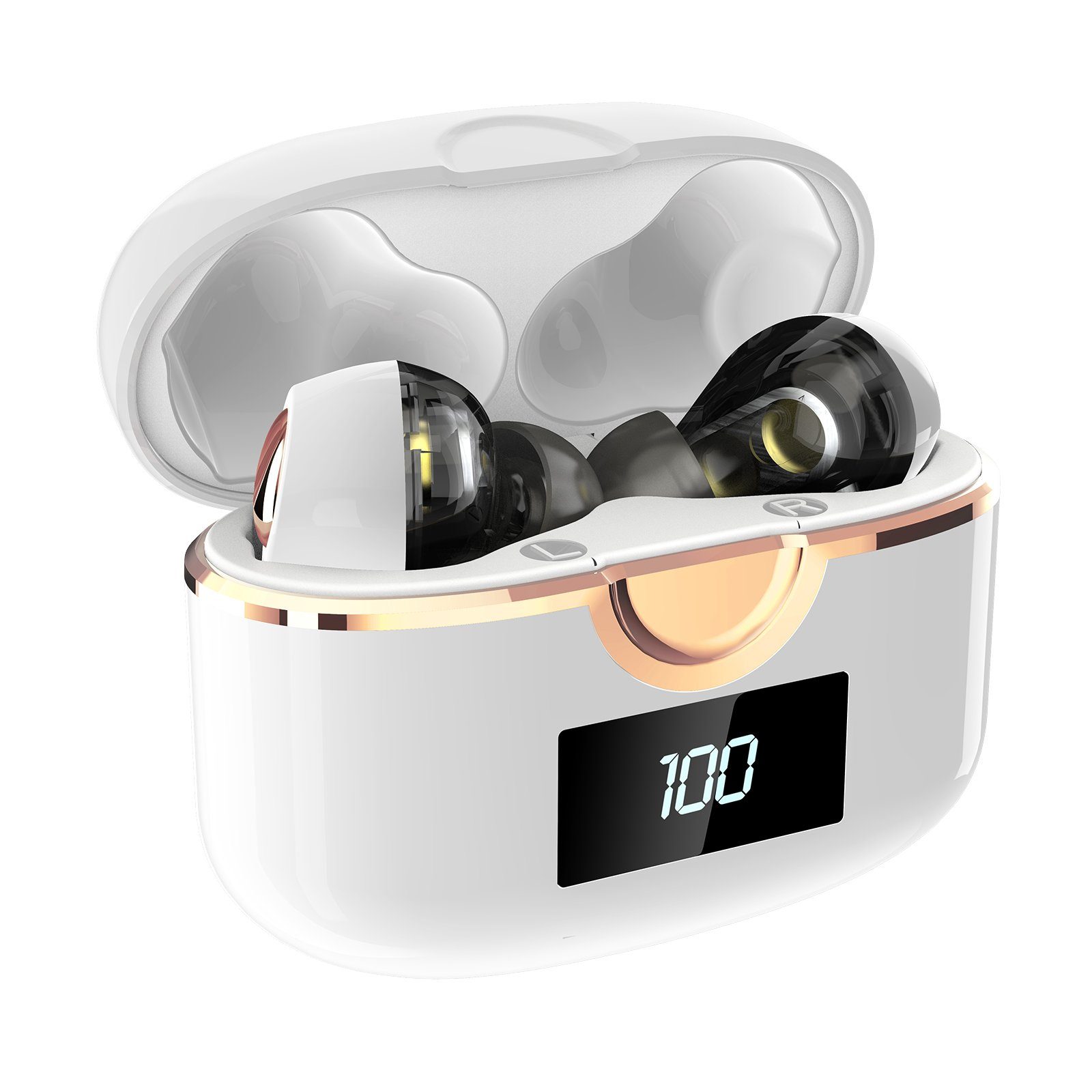 EXTSUD Bluetooth Kopfhörer Kabellos Headset Bluetooth IPX5, ANC Ladefach (Sprachassistent, HIFI-Stereo, Rauschunterdrückungsfunktion, Weiß In-Ear-Kopfhörer Musikspielzeit) Gerauschreduzierungsfunktion 30-Stunden LED-Anzeige, mit Stunden Standby-Zeit, 5.2 7