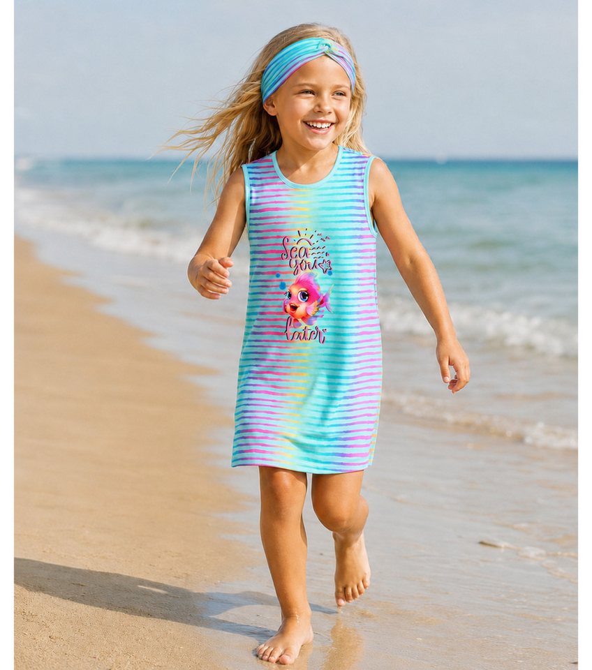 coolismo Kleid & Haarband Shirtkleid Regenbogenfisch-Print & Haarband gestreift (Set, 2-tlg., Kleid & Haarband) niedliches Design, Baumwolle