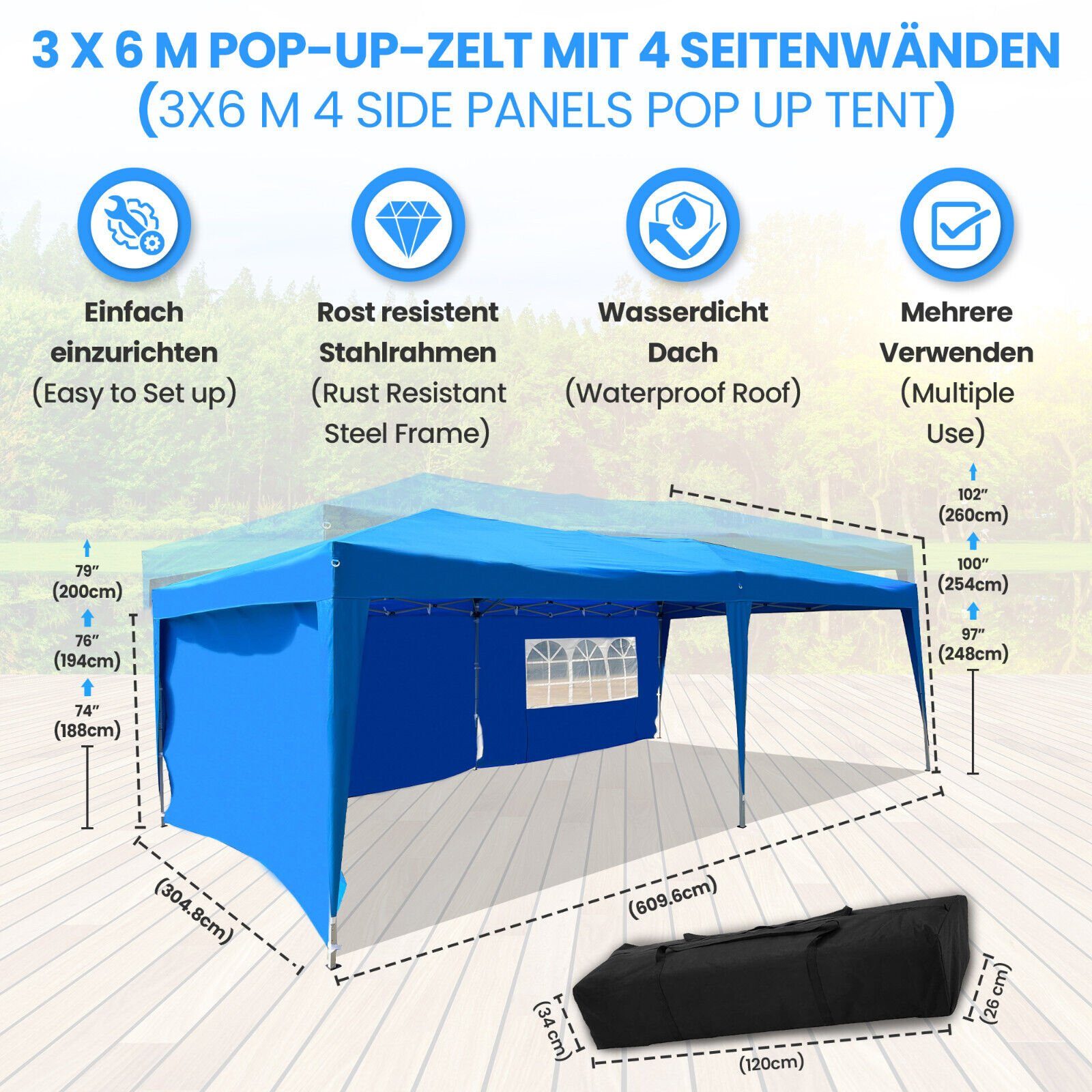 Thumbnail - Defactoshop Faltpavillon Pavillon Faltpavillon 3x6m Partyzelt Gartenzelt Klappzelt Festzelt, BxT: 300x600