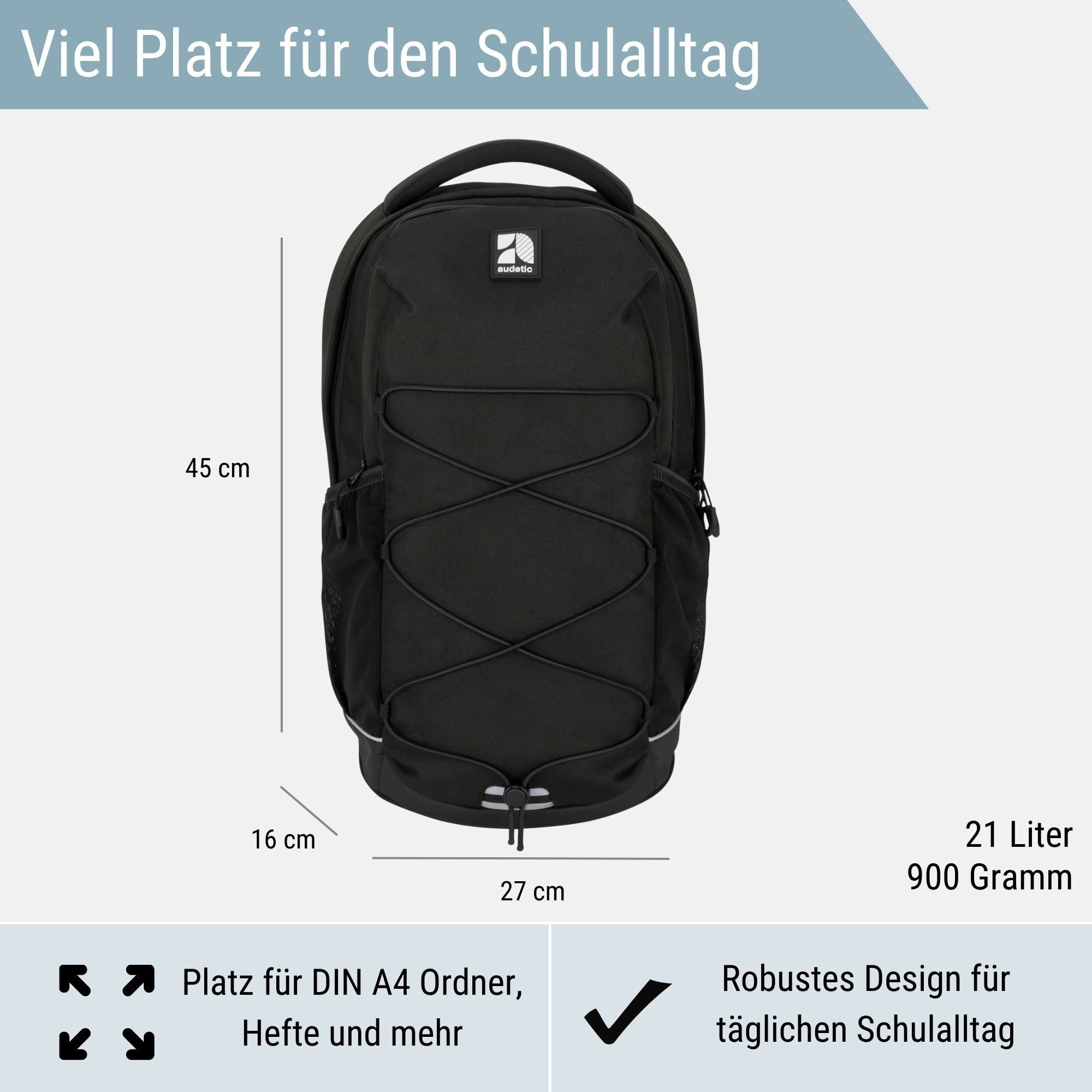 audetic Schulrucksack Aero 2.0 Schulrucksack mit vielen Fächern (1-tlg), Ergonomische Polsterung, reflektieren & wasserabweisend