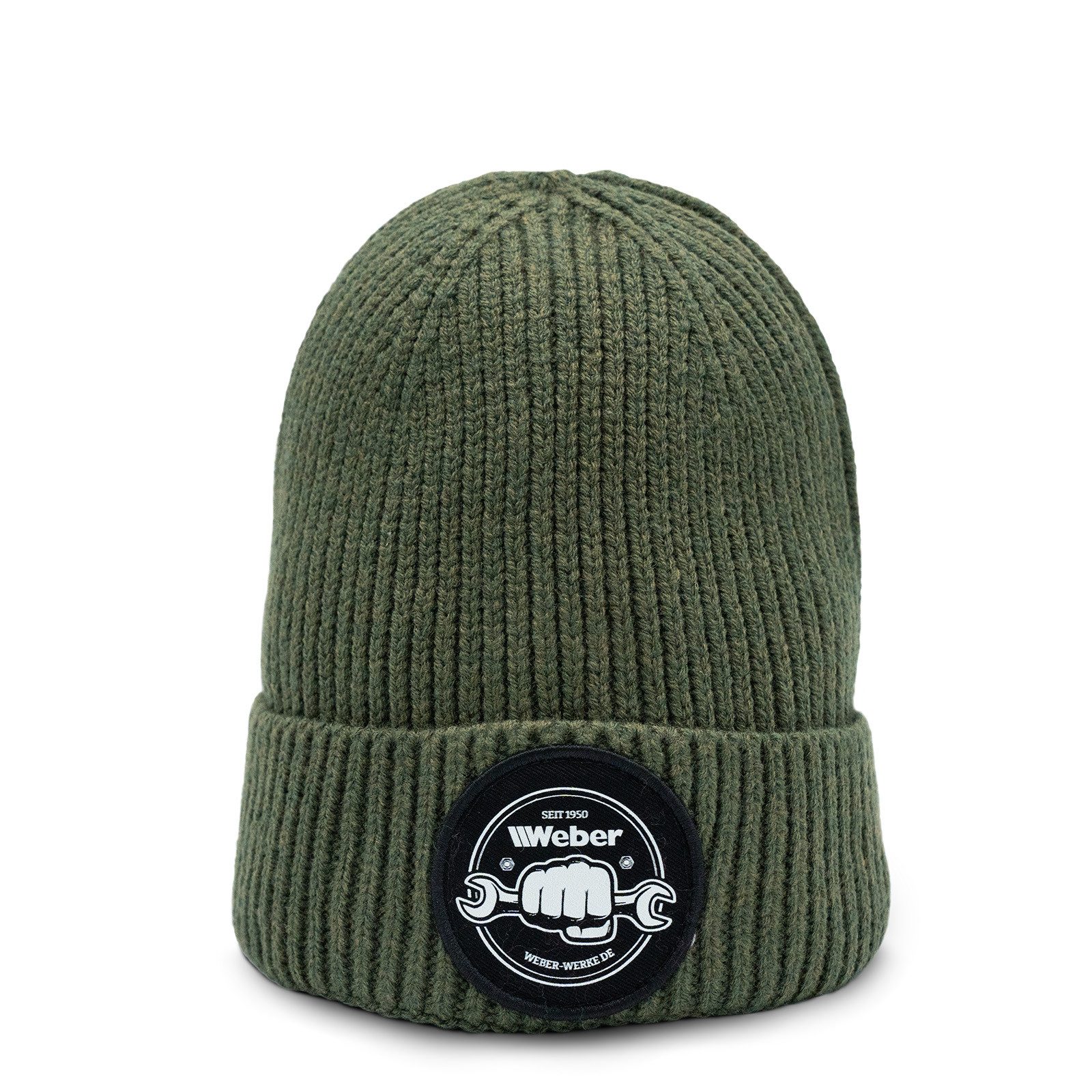 Weber GmbH Beanie Weber #Werkeholics Beanie grün (1-St) mit Logo, grün, mit breitem Umschlag