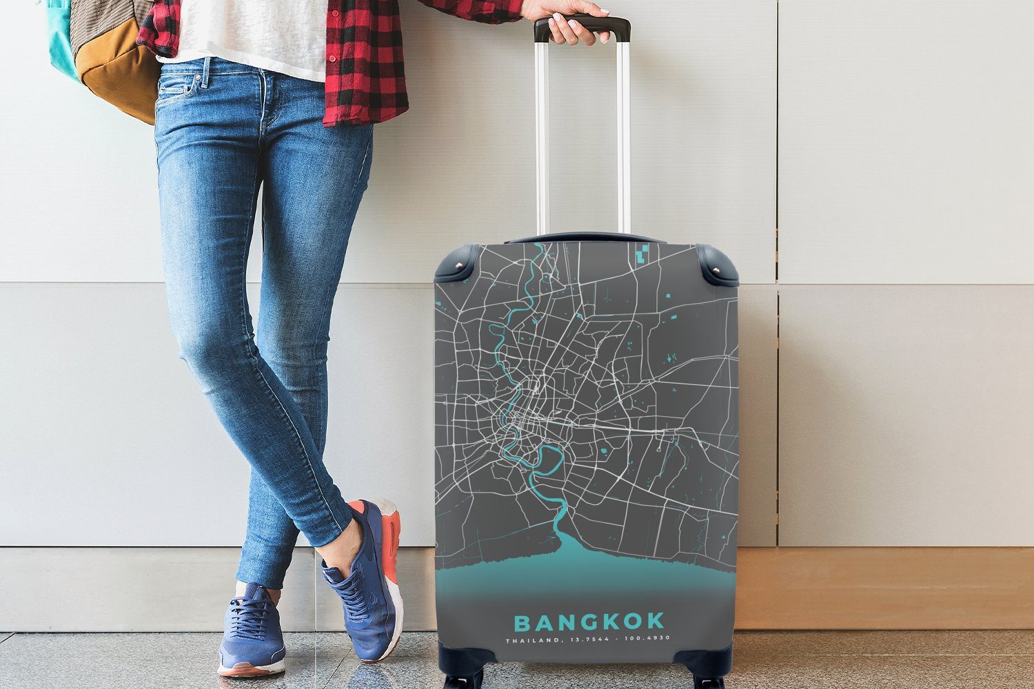 MuchoWow Handgepäckkoffer Bangkok - Blau rollen, Handgepäck mit Reisetasche Trolley, Reisekoffer - - für Ferien, Stadtplan, 4 Karte Rollen