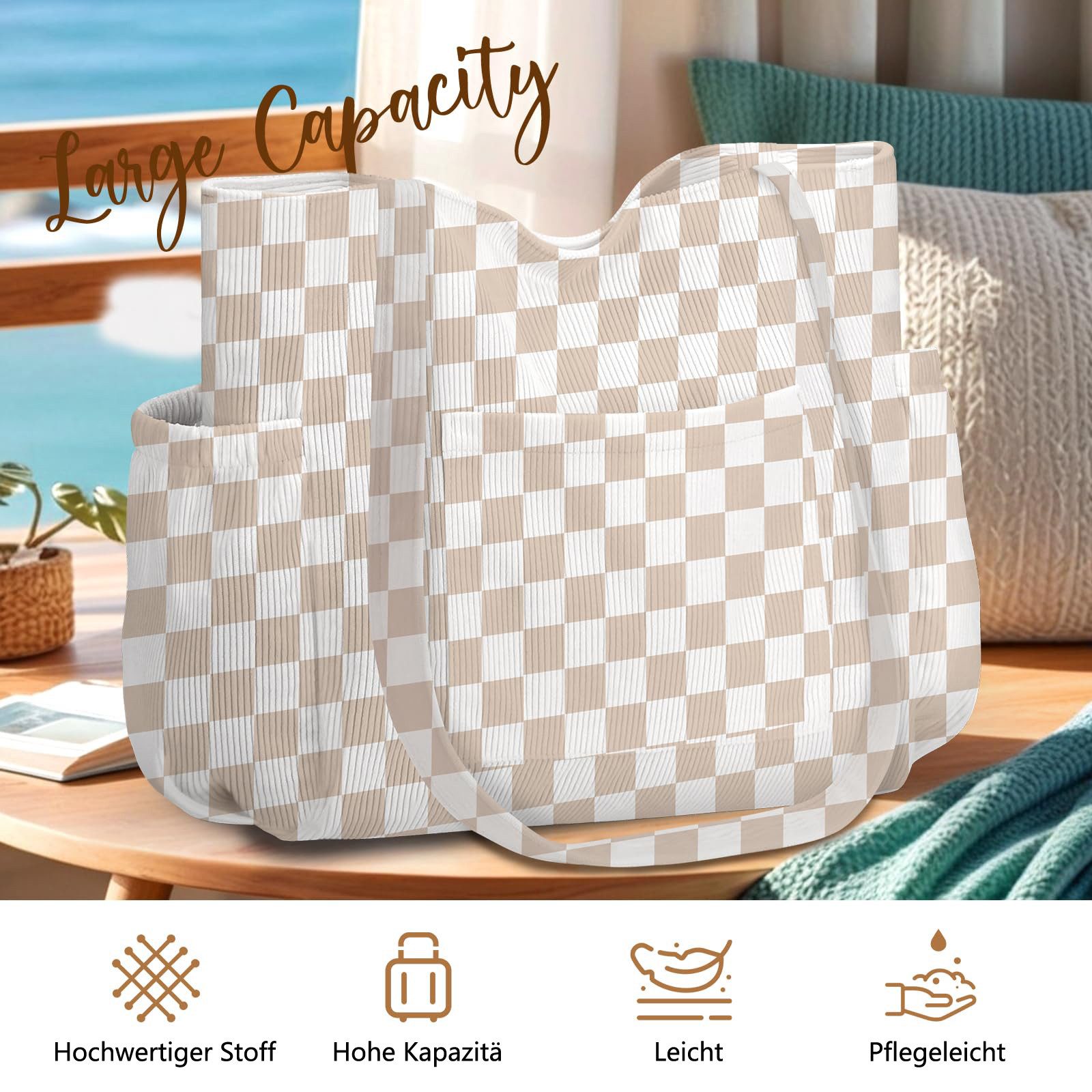 nsihing Umhängetasche Cord Tasche Damen, Groß Tote Bag Strandtasche mit Reißverschluss, Shopper Tasche, Elegant Handtasche für Arbeit Schule Gym – Bild 4 von 5