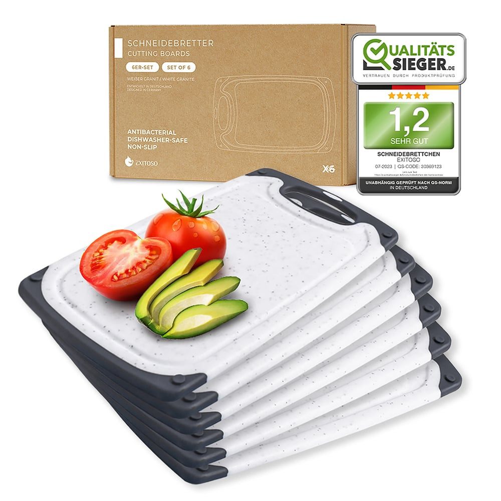 Exitoso Schneidebrett 6er-Set spülmaschinenfest, Kunststoff, (6-St), Brotzeitbrett Frühstücksbrettchen Brot Obst Steak rutschfest