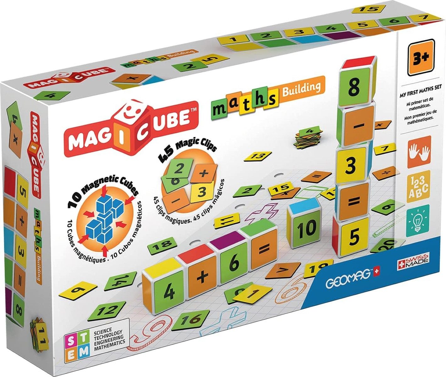 Geomag™ Lernspielzeug Magicube Mathe - 10 Magnetwürfel für Konstruktionen + 45 Clips (55-St), Magnetische Bausteine